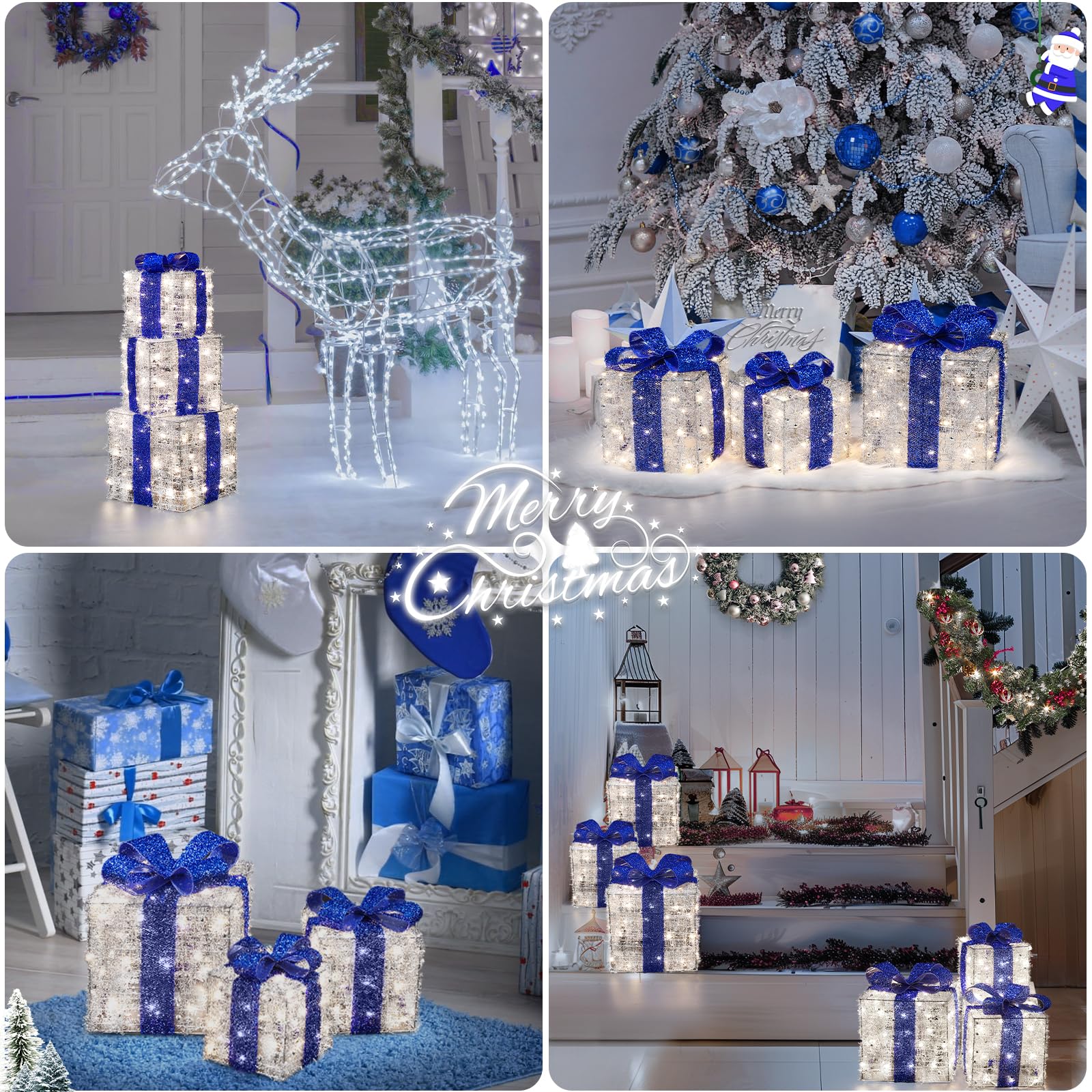 Blue Christmas Decorations, Christmas Lighted Gift Boxes 140 LEDs Light Up Presents Christmas Decor, 8 Modes & Timer Function Plug-in Set of 3 Lighted Christmas Boxes for Xmas Holiday Indoor Outdoor - Image 4