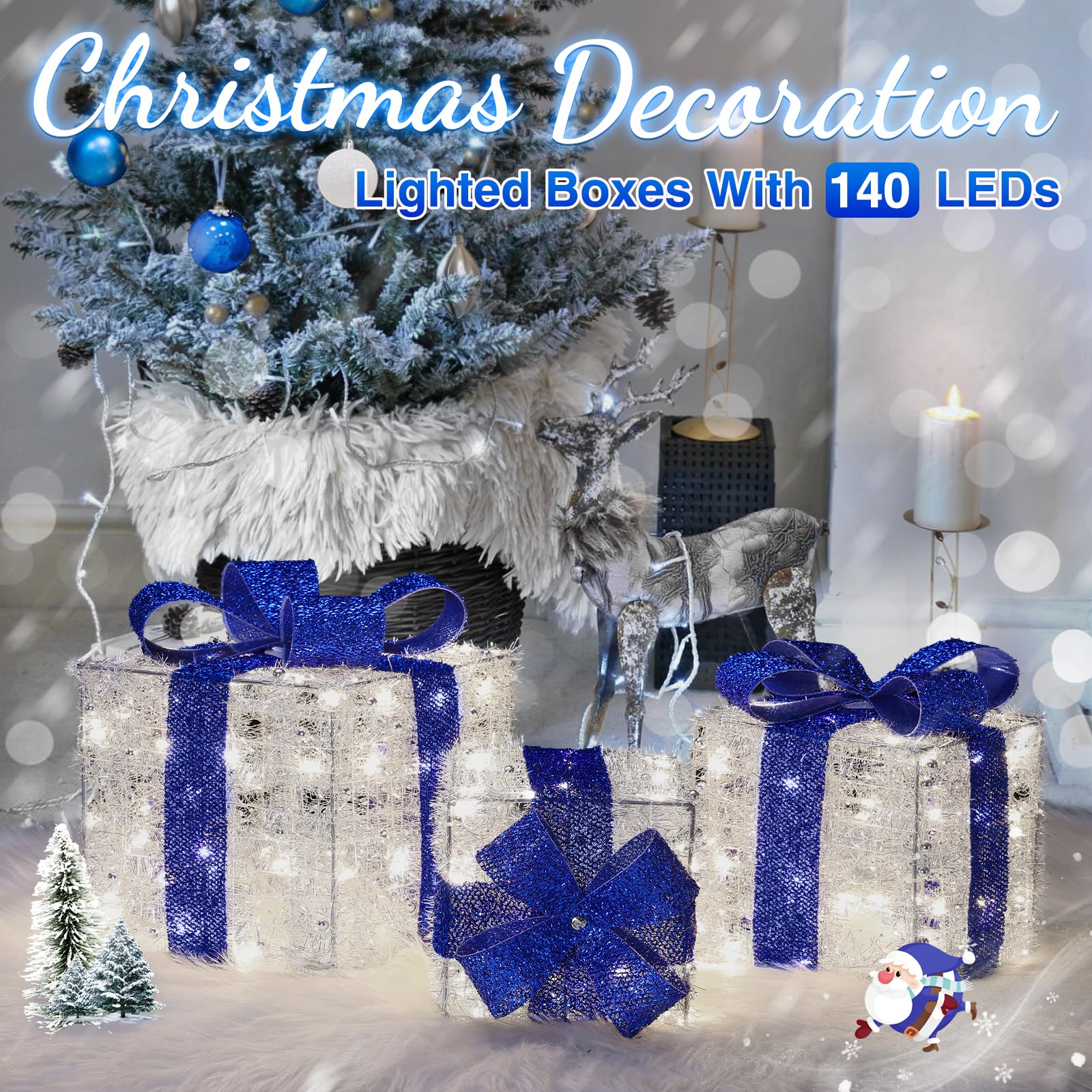 Blue Christmas Decorations, Christmas Lighted Gift Boxes 140 LEDs Light Up Presents Christmas Decor, 8 Modes & Timer Function Plug-in Set of 3 Lighted Christmas Boxes for Xmas Holiday Indoor Outdoor - Image 5