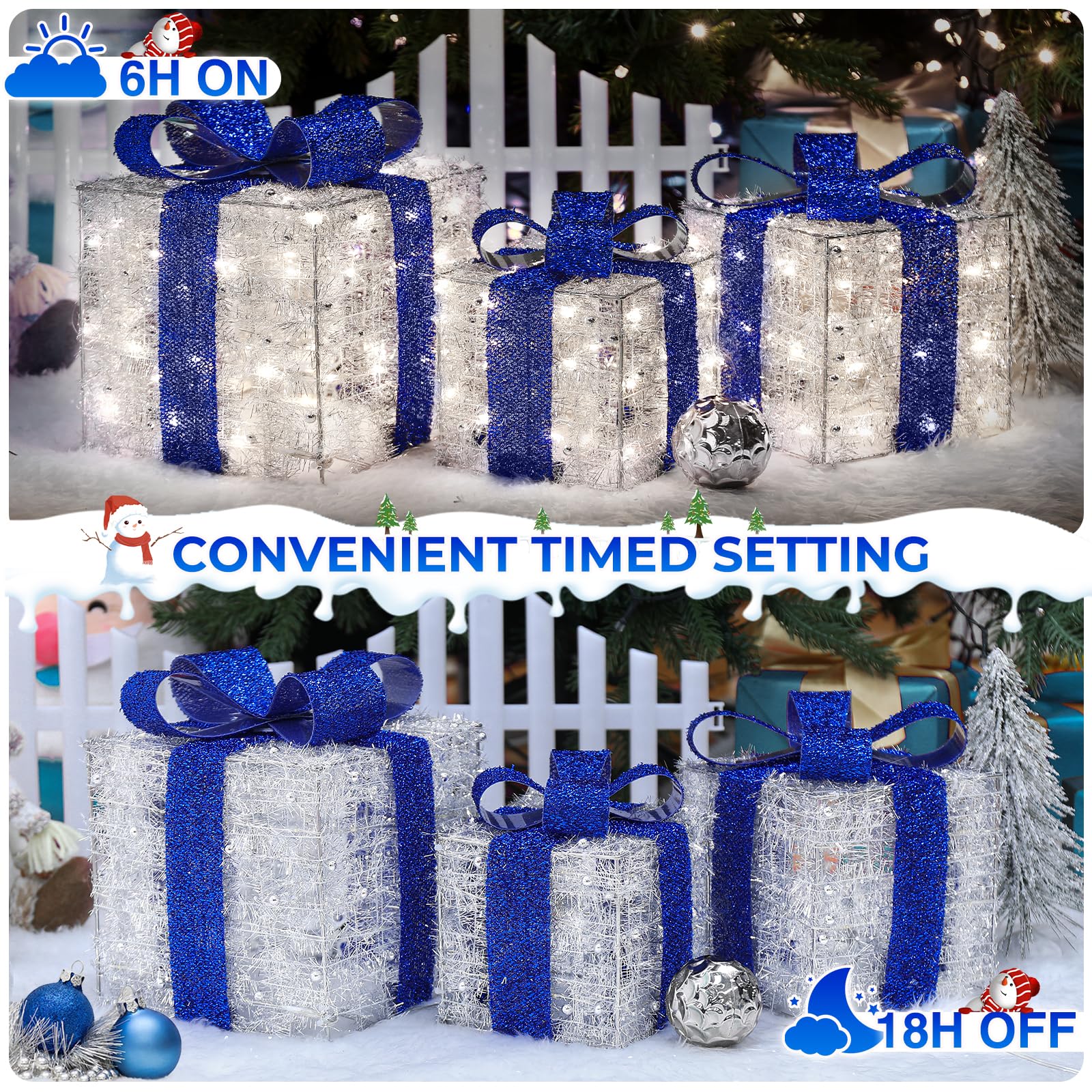 Blue Christmas Decorations, Christmas Lighted Gift Boxes 140 LEDs Light Up Presents Christmas Decor, 8 Modes & Timer Function Plug-in Set of 3 Lighted Christmas Boxes for Xmas Holiday Indoor Outdoor - Image 7