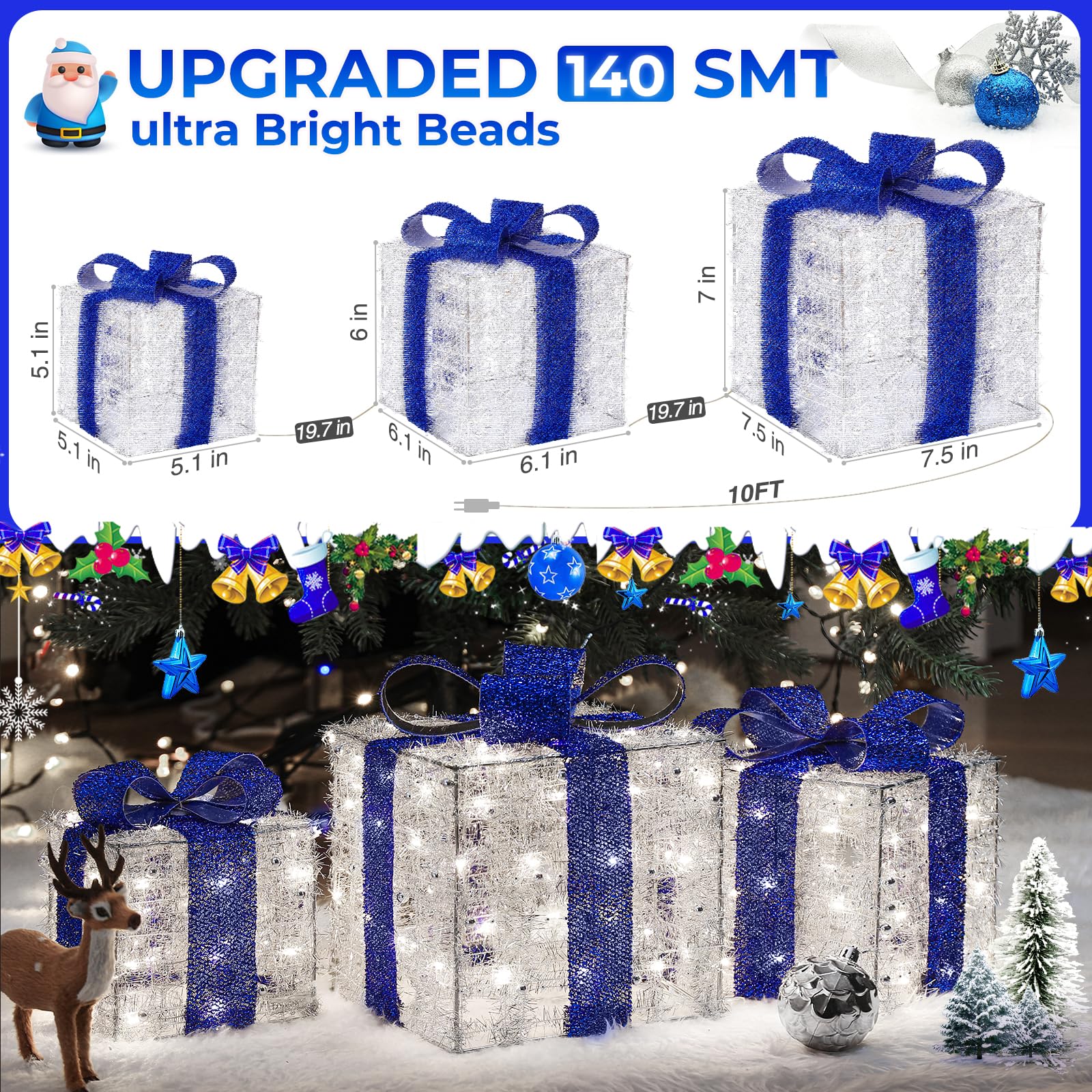 Blue Christmas Decorations, Christmas Lighted Gift Boxes 140 LEDs Light Up Presents Christmas Decor, 8 Modes & Timer Function Plug-in Set of 3 Lighted Christmas Boxes for Xmas Holiday Indoor Outdoor - Image 9