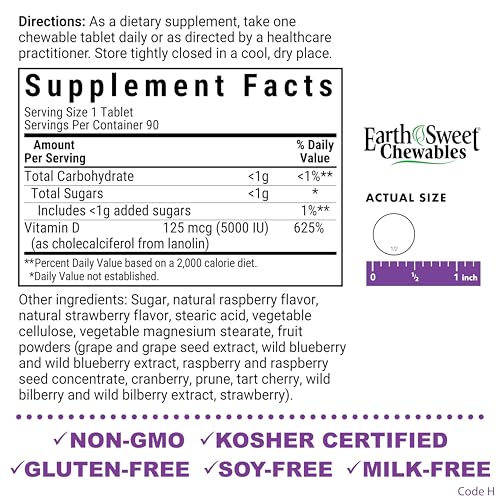 Bluebonnet Nutrition Earth Sweet Vitamin D3 5000 IU Chewable Tablets, Aids in Muscle & Skeletal Growth, Non GMO, Gluten & Soy & Milk Free, Kosher, Raspberry, White, 90 Count - Image 7