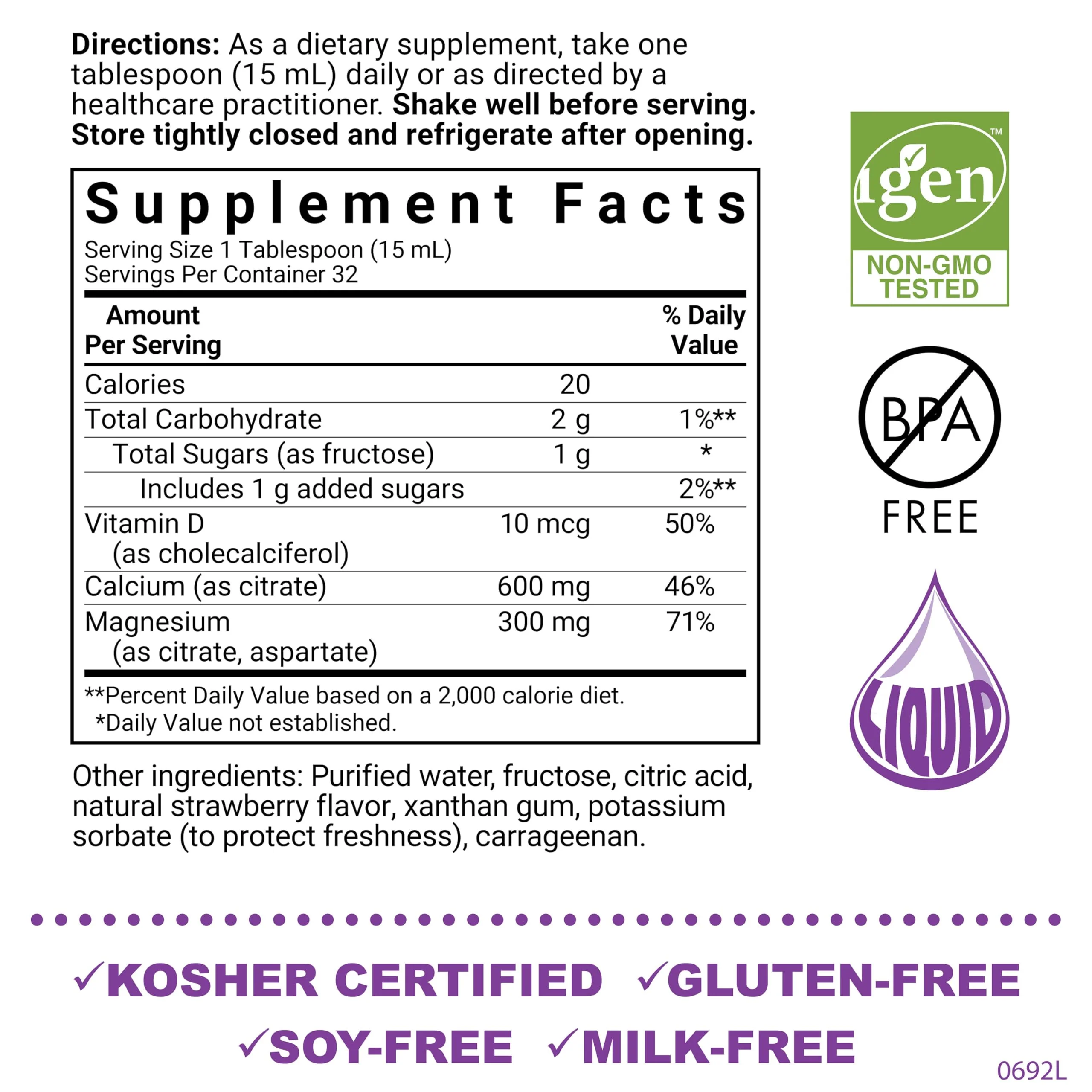 Bluebonnet Nutrition Liquid Calcium Citrate Calcium Citrate, Magnesium Citrate, Vitamin D3, Bone Health, Gluten Free, Soy Free, Milk Free, Kosher, 32 Servings, Strawberry Flavor, 16 Fl Oz (Pack of 1) - Image 2