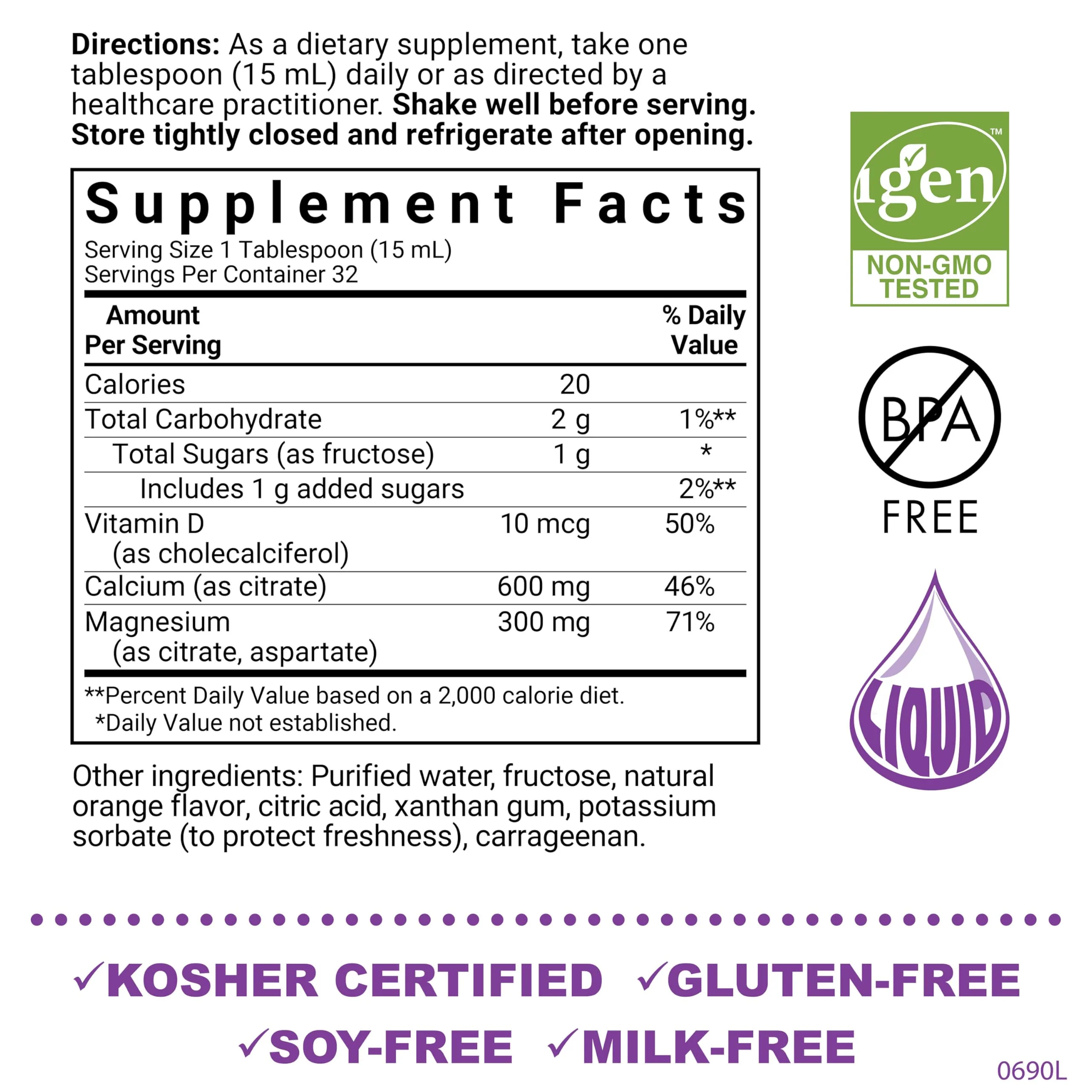 Bluebonnet Nutrition Liquid Calcium Citrate Magnesium Citrate, Vitamin D3, Bone Health, Gluten Free, Soy free, milk free, kosher, 16 Fl Oz, 32 Servings, Orange Flavor, 16 Fl Oz (Pack of 1) - Image 2