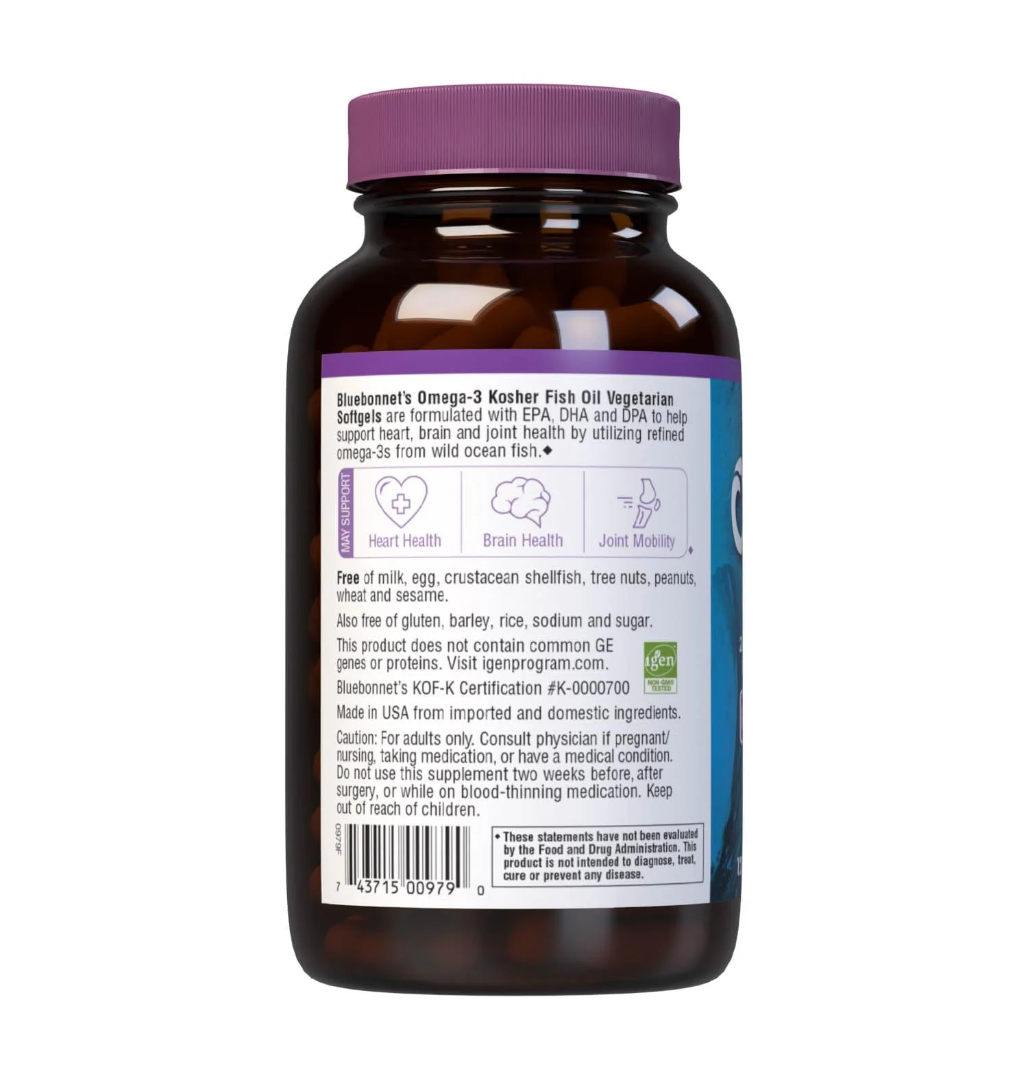 Bluebonnet Nutrition Omega-3 Kosher Fish Oil, Natural Triglyceride Form, Gluten-Free, Dairy-Free, Kosher Certified, Non-GMO, 3rd Party Tested, Molecularly Distilled, 120 Vegetarian Softgel, 60 Serving