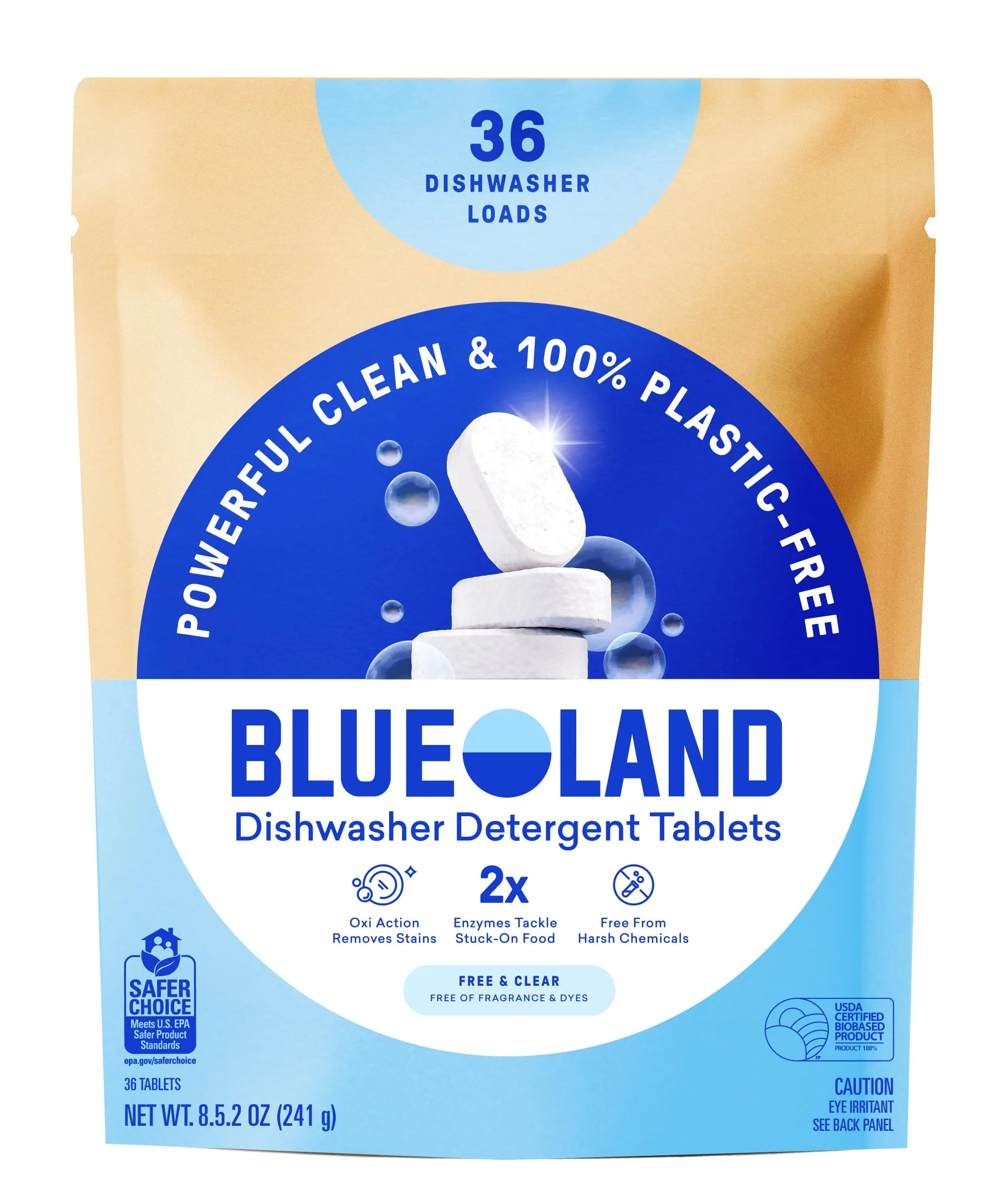 BLUELAND 100% Plastic-Free Dishwasher Detergent Tablets, 36 Count, Free & Clear, Eco-Friendly Dishwashing Pods, Natural, USDA Certified biobased