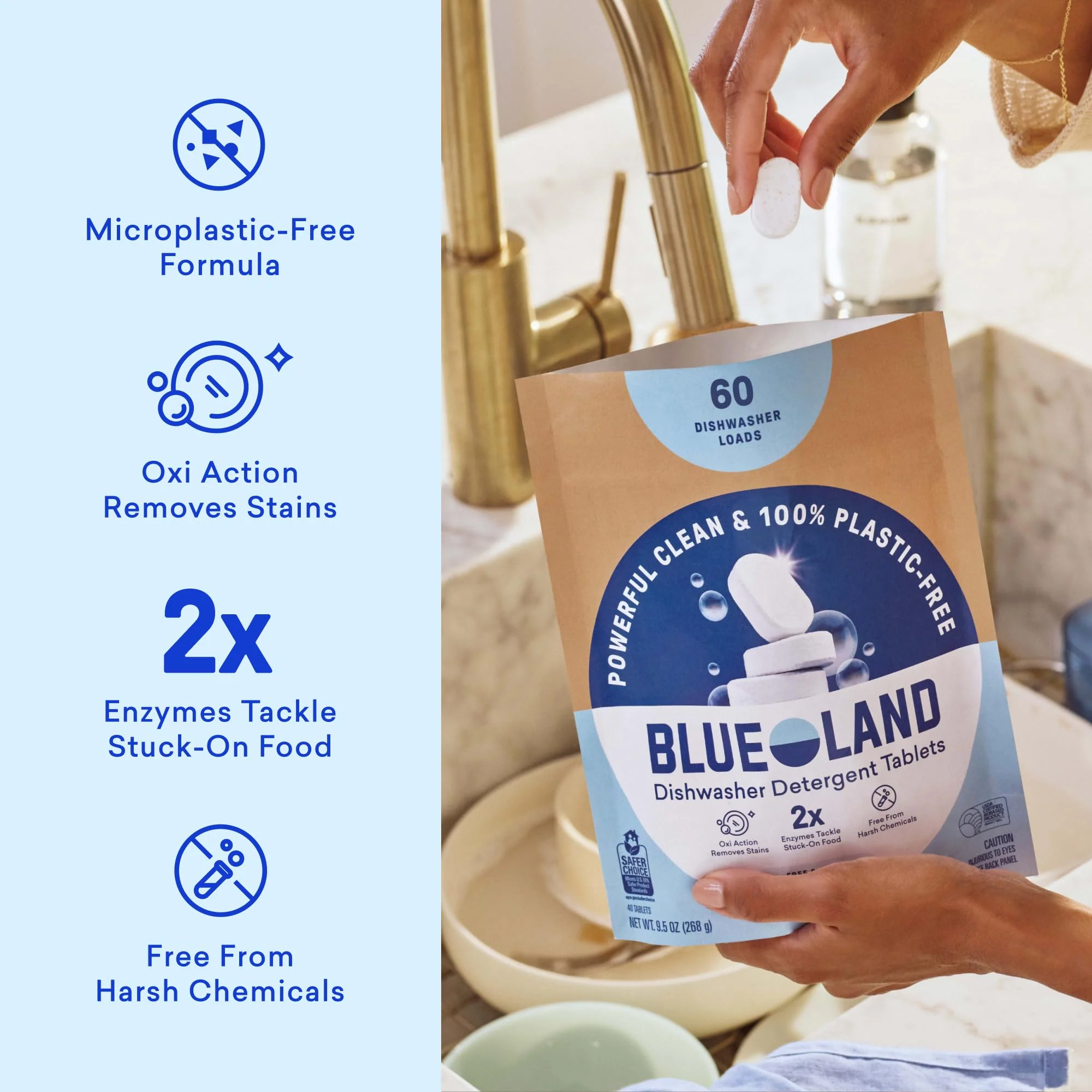 BLUELAND 100% Plastic-Free Dishwasher Detergent Tablets, 60 Count, Free & Clear, Eco-Friendly Dishwashing Pods, Natural, Sustainable - Image 9