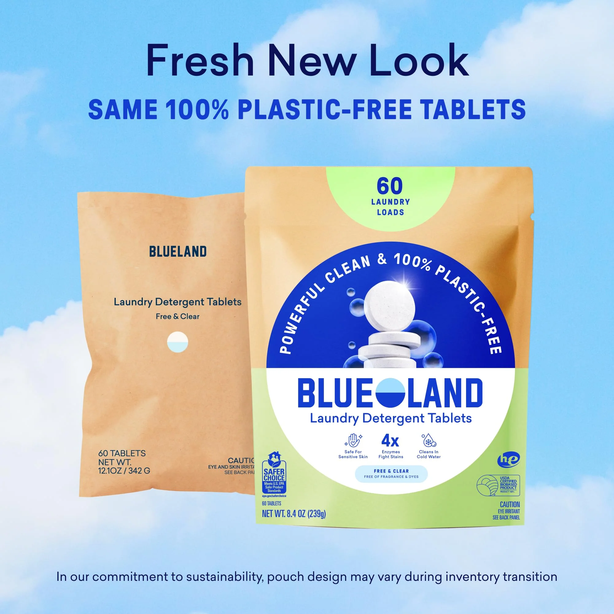 BLUELAND Laundry Detergent Tablets, Starter Set, 60 Count with Tin, Plastic-Free Eco-Friendly Pods, Sheets, Liquid Alternative - Fragrance Free and Clear, Natural, Gentle