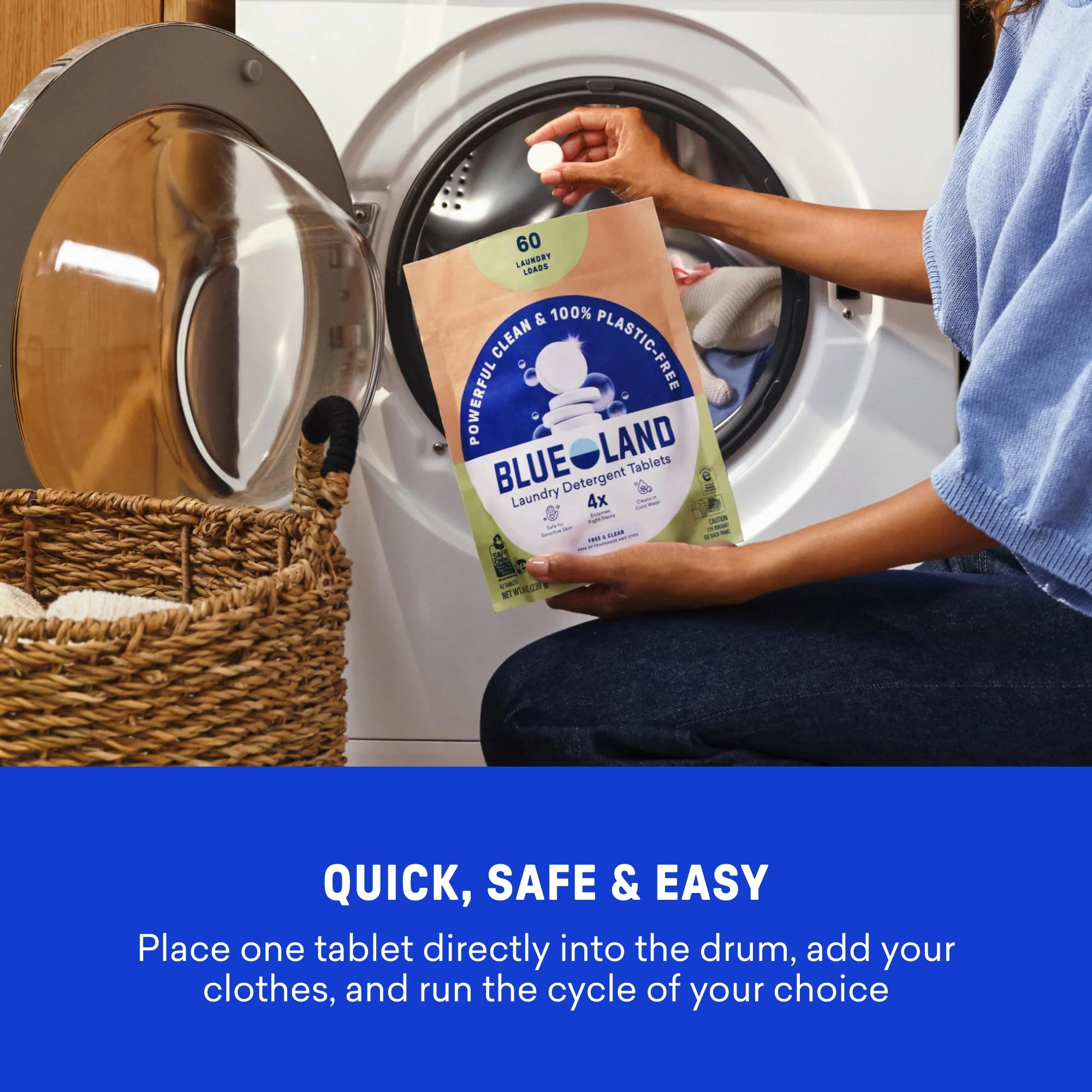 BLUELAND Laundry Detergent Tablets, Starter Set, 60 Count with Tin, Plastic-Free Eco-Friendly Pods, Sheets, Liquid Alternative - Fragrance Free and Clear, Natural, Gentle - Image 8