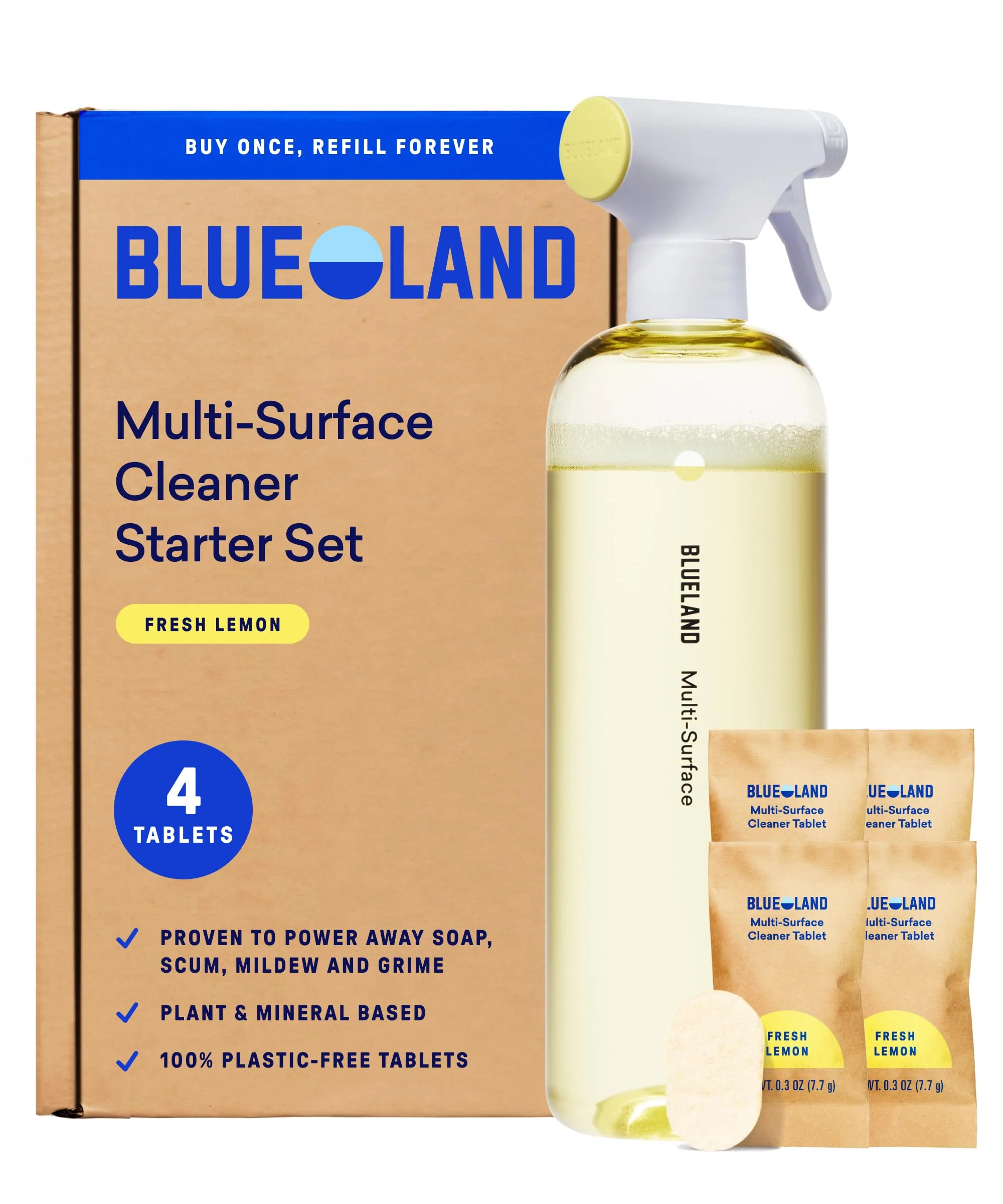 BLUELAND Multi-surface Cleaner, Starter Set, Fresh Lemon Scent, Spray Bottle with 4 Refill Tablets, All-Purpose, Eco-Friendly Cleaning Supplies, 4 x 24 Fl oz