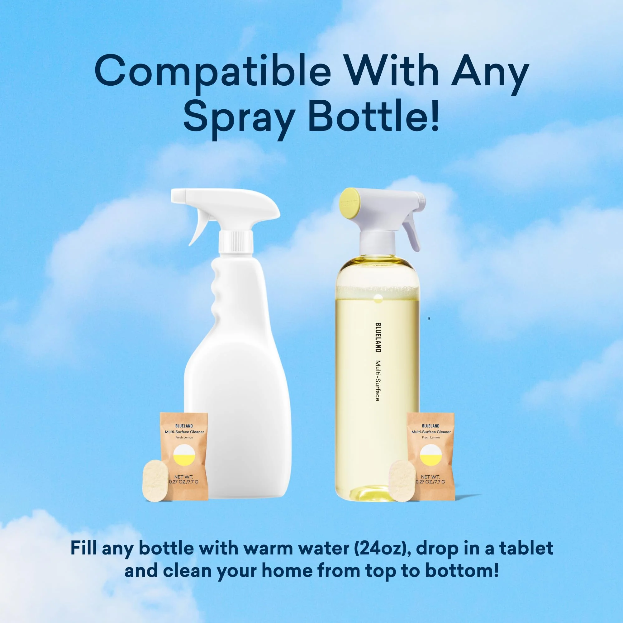 BLUELAND Multi-surface Cleaner, Starter Set, Fresh Lemon Scent, Spray Bottle with 4 Refill Tablets, All-Purpose, Eco-Friendly Cleaning Supplies, 4 x 24 Fl oz - Image 3