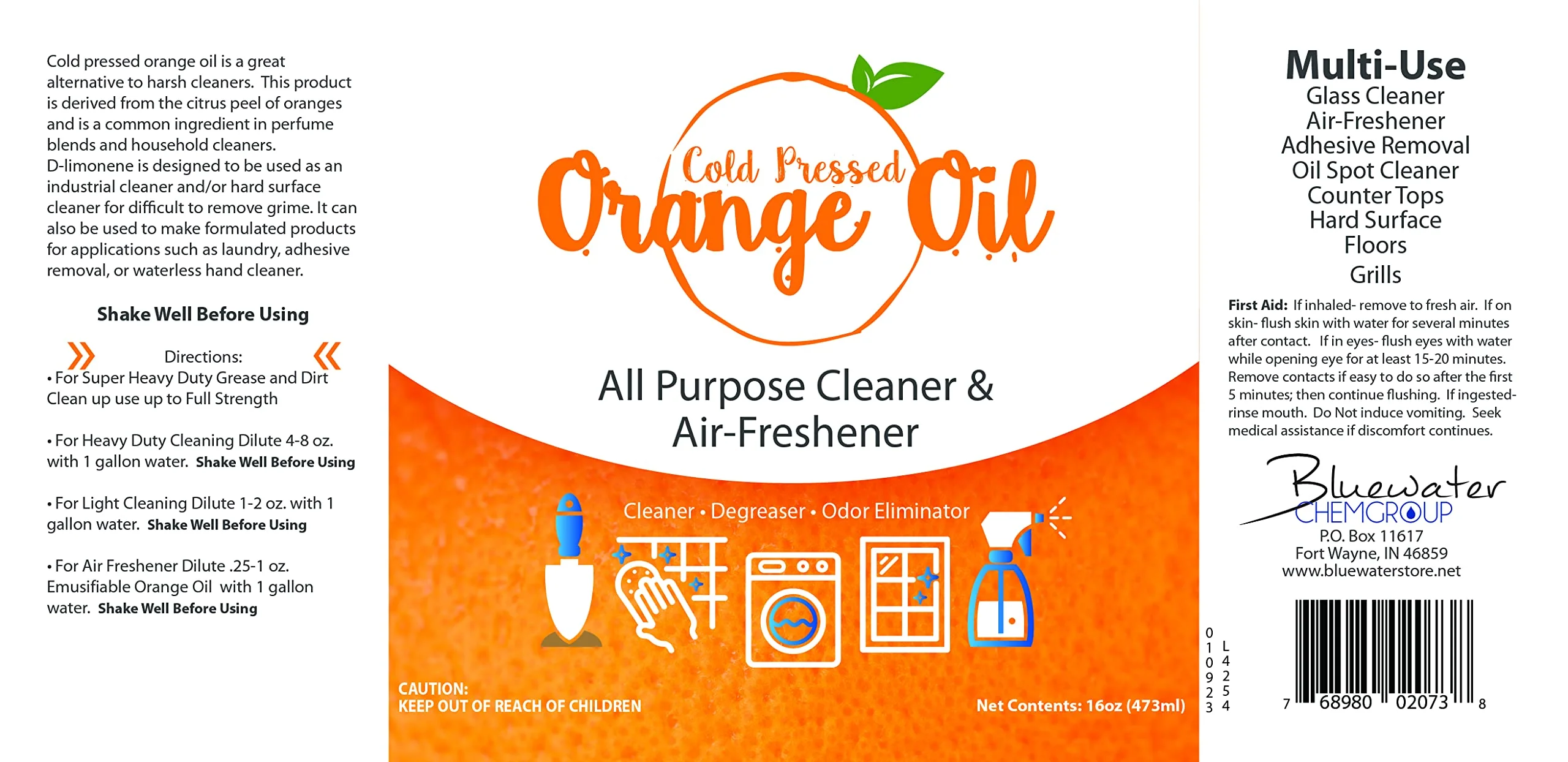 Bluewater Chemgroup Premium Cold Pressed Orange Oil Concentrate- 16 oz (with D-Limonene), Concentrated Cold Pressed Orange Oil Cleaner - All-Purpose Citrus Cleaner and Degreaser Blend - Image 3