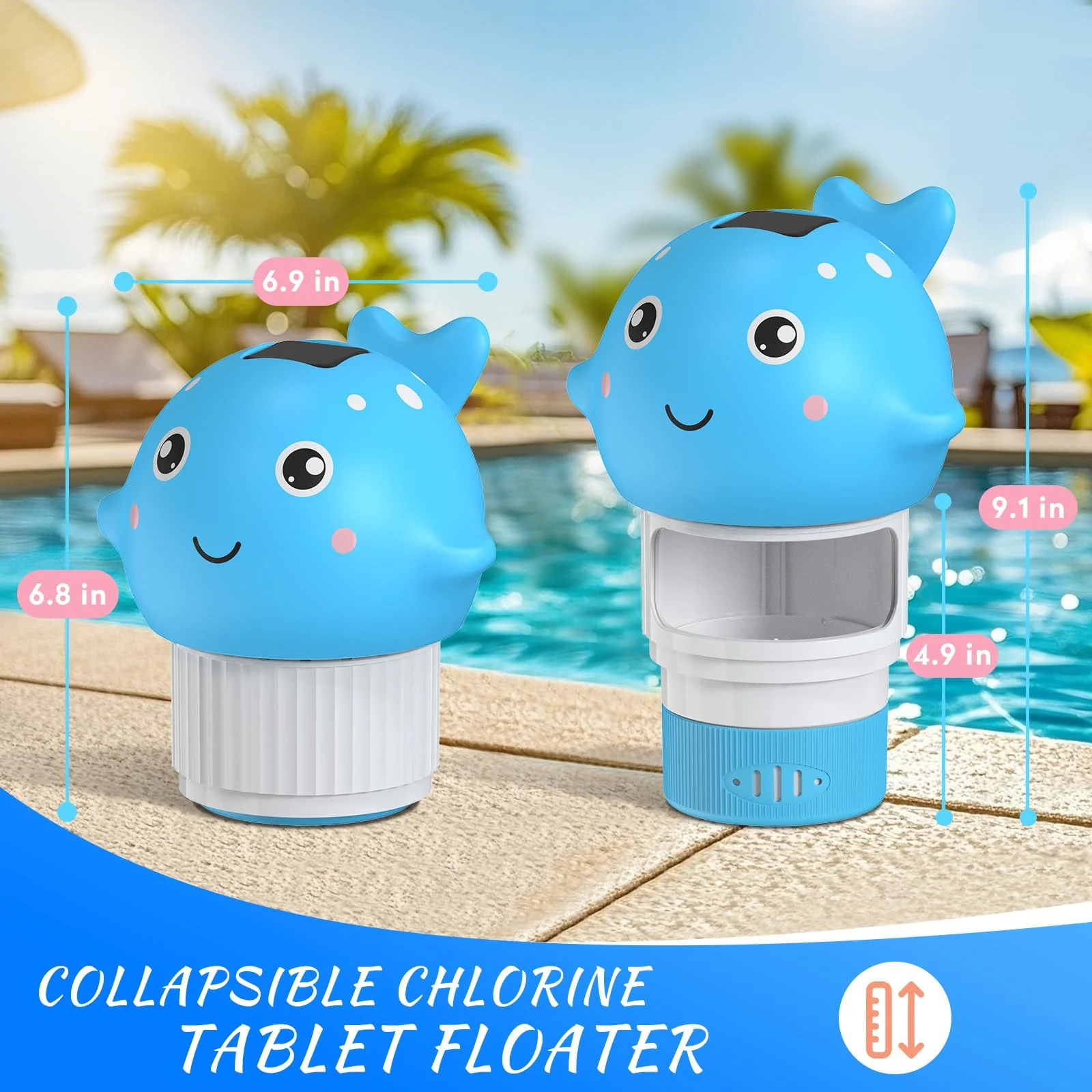 Blufree Pool Chlorine Floater, Solar Chlorine Tablet Floater w/Adjustable Release, Glow in The Dark Large Capacity Whale Floating Chlorines Dispenser for Pool Hot Tub Spa Fits 3 Inch Tabs - Image 2