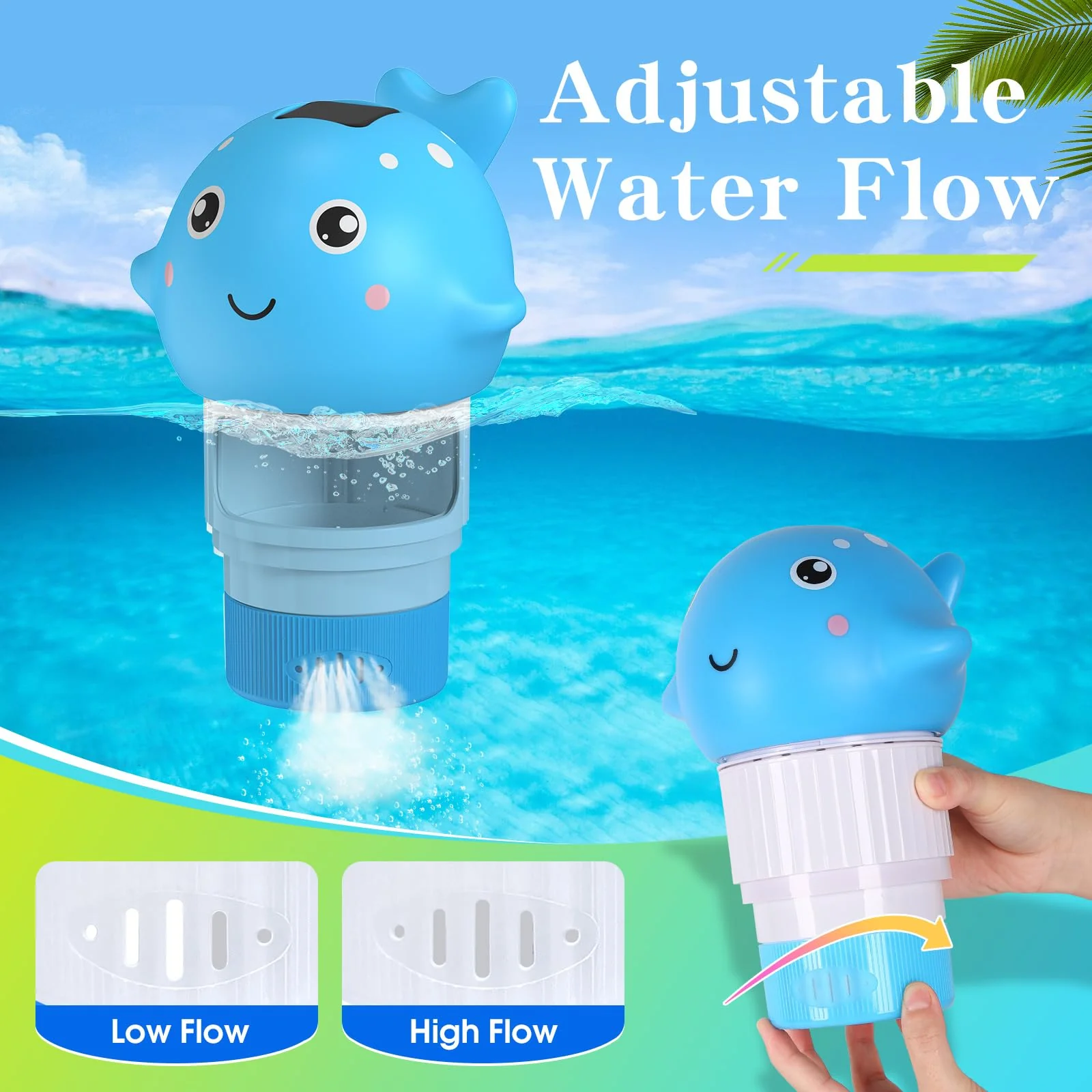 Blufree Pool Chlorine Floater, Solar Chlorine Tablet Floater w/Adjustable Release, Glow in The Dark Large Capacity Whale Floating Chlorines Dispenser for Pool Hot Tub Spa Fits 3 Inch Tabs - Image 7