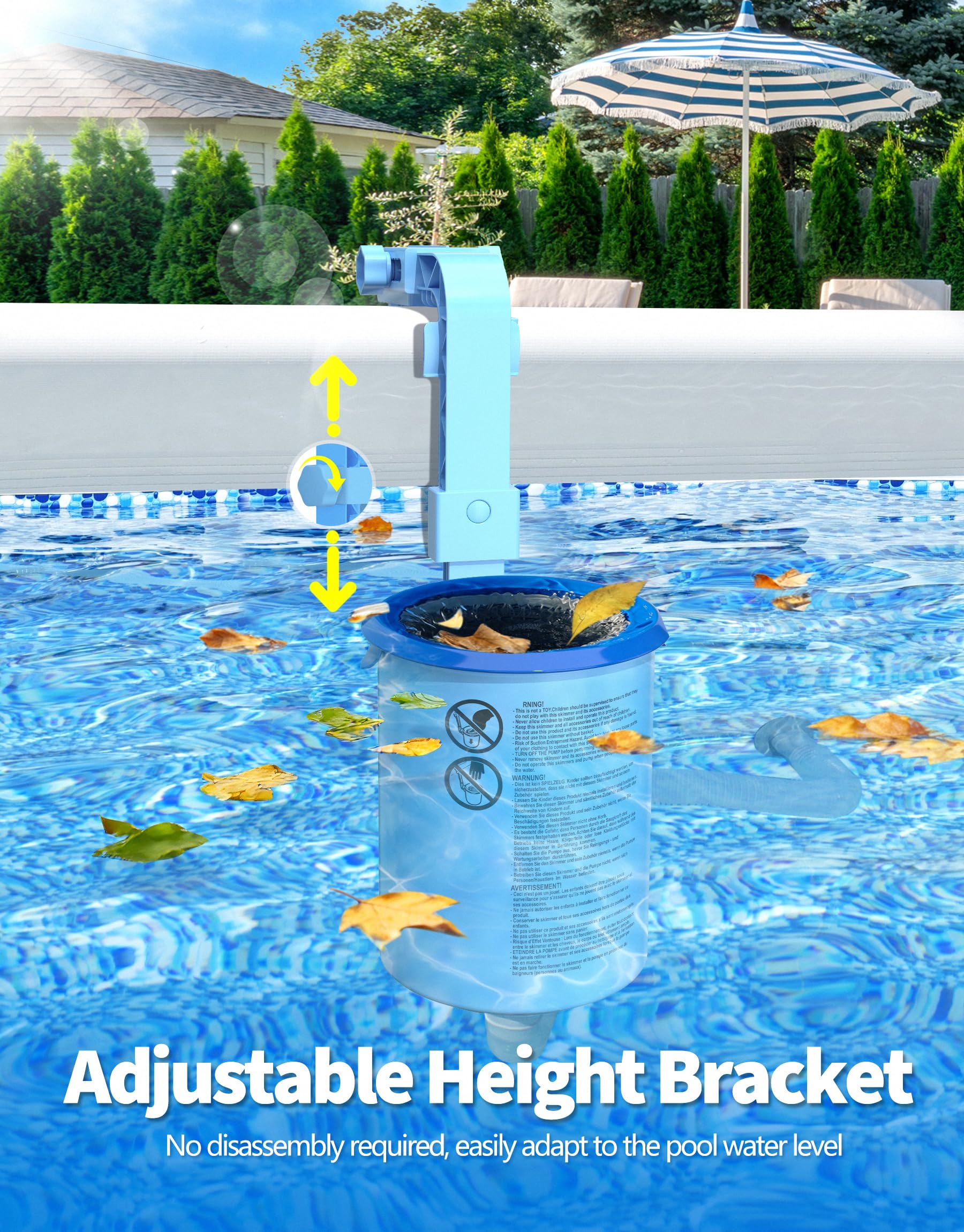 BluSwim 2026 Above Ground Pool Surface Skimmer Come with 3 Filter Socks, Enhanced Structure & Thickened Brackets Wall Mount Pool Skimmer, Floating Top Skimmers - Auto Skimming Water Surface Debris - Image 5
