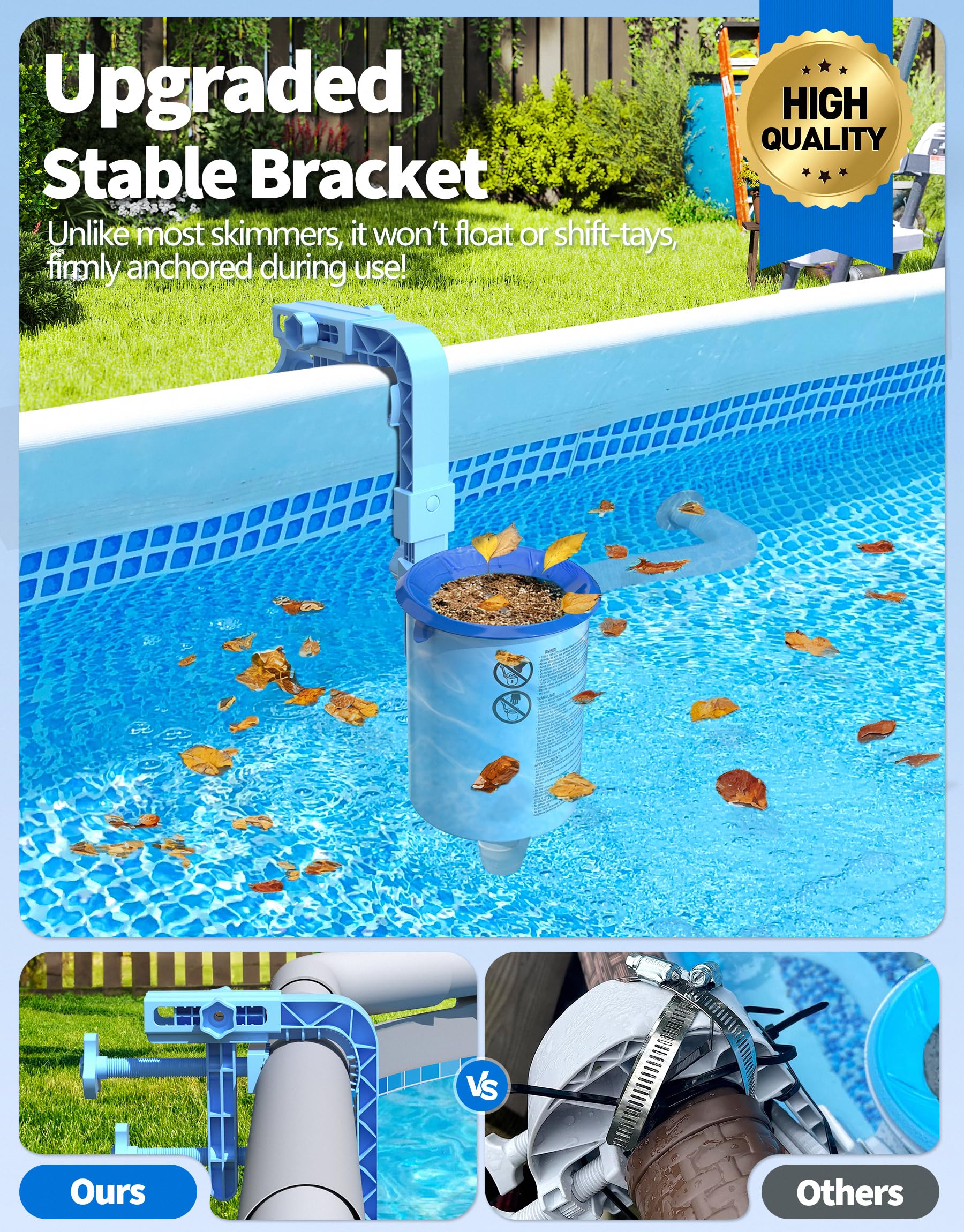 BluSwim 2026 Above Ground Pool Surface Skimmer Come with 3 Filter Socks, Enhanced Structure & Thickened Brackets Wall Mount Pool Skimmer, Floating Top Skimmers - Auto Skimming Water Surface Debris - Image 6