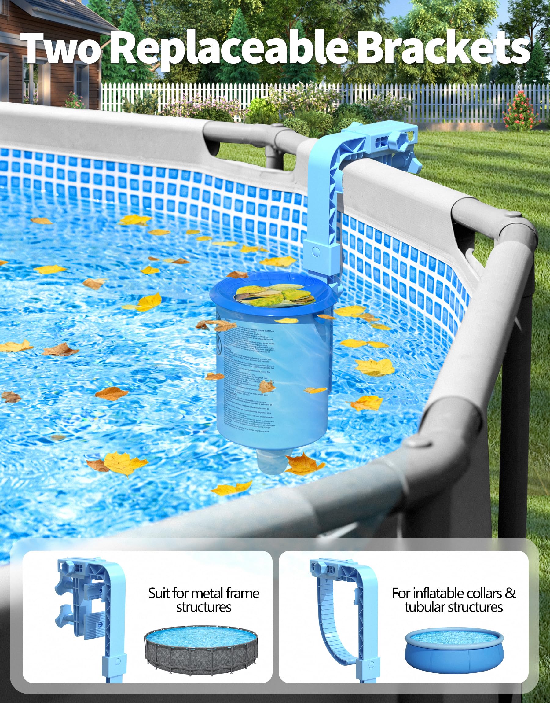BluSwim 2026 Above Ground Pool Surface Skimmer Come with 3 Filter Socks, Enhanced Structure & Thickened Brackets Wall Mount Pool Skimmer, Floating Top Skimmers - Auto Skimming Water Surface Debris - Image 8