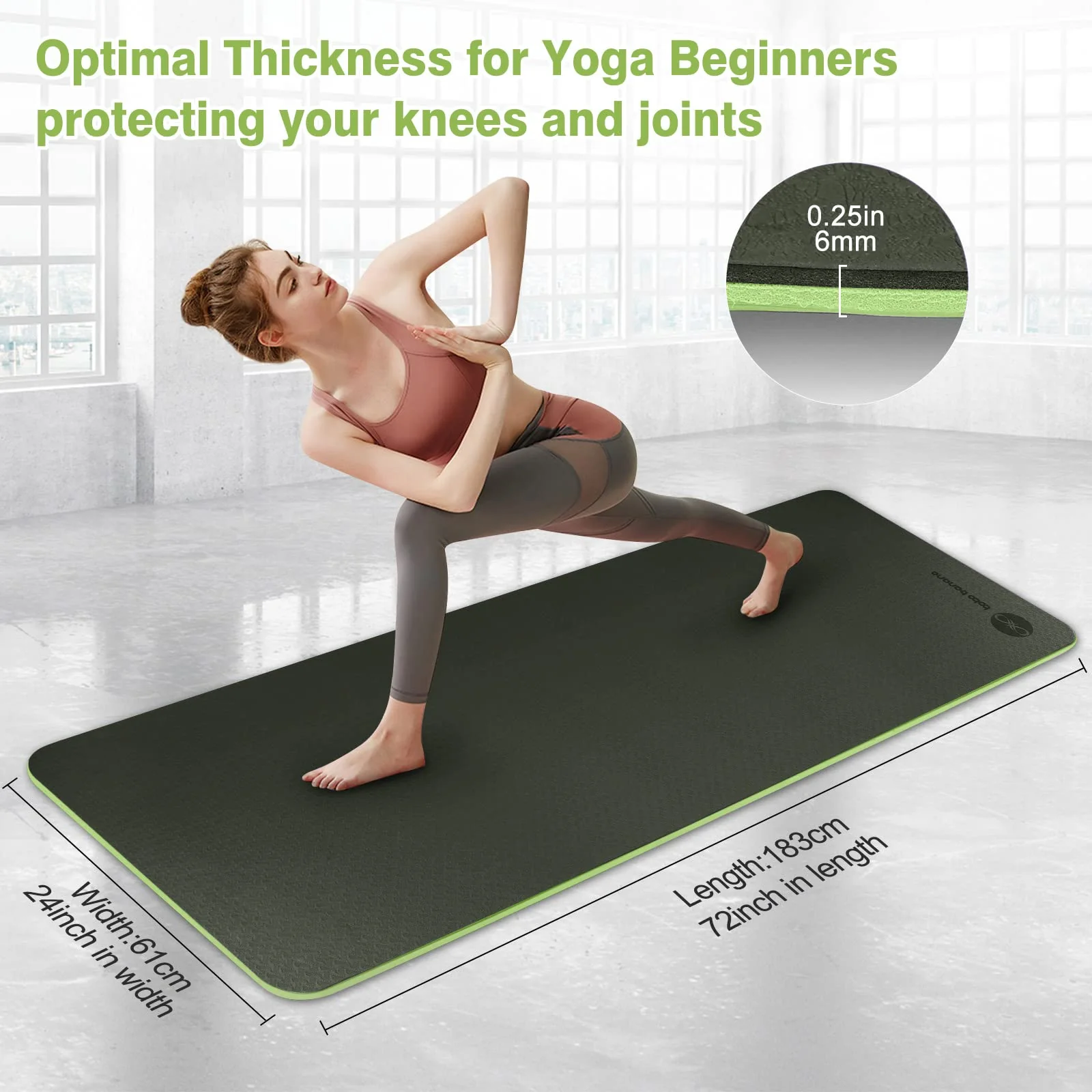 BOBO BANANA 1/4 Thick TPE Yoga Mat,72"x24" Eco-friendly Non-Slip Exercise & Fitness Mat for Men&Women with Carrying Strap, Home Workout Mat for Yoga,Pilates& Floor Exercise (green) - Image 2