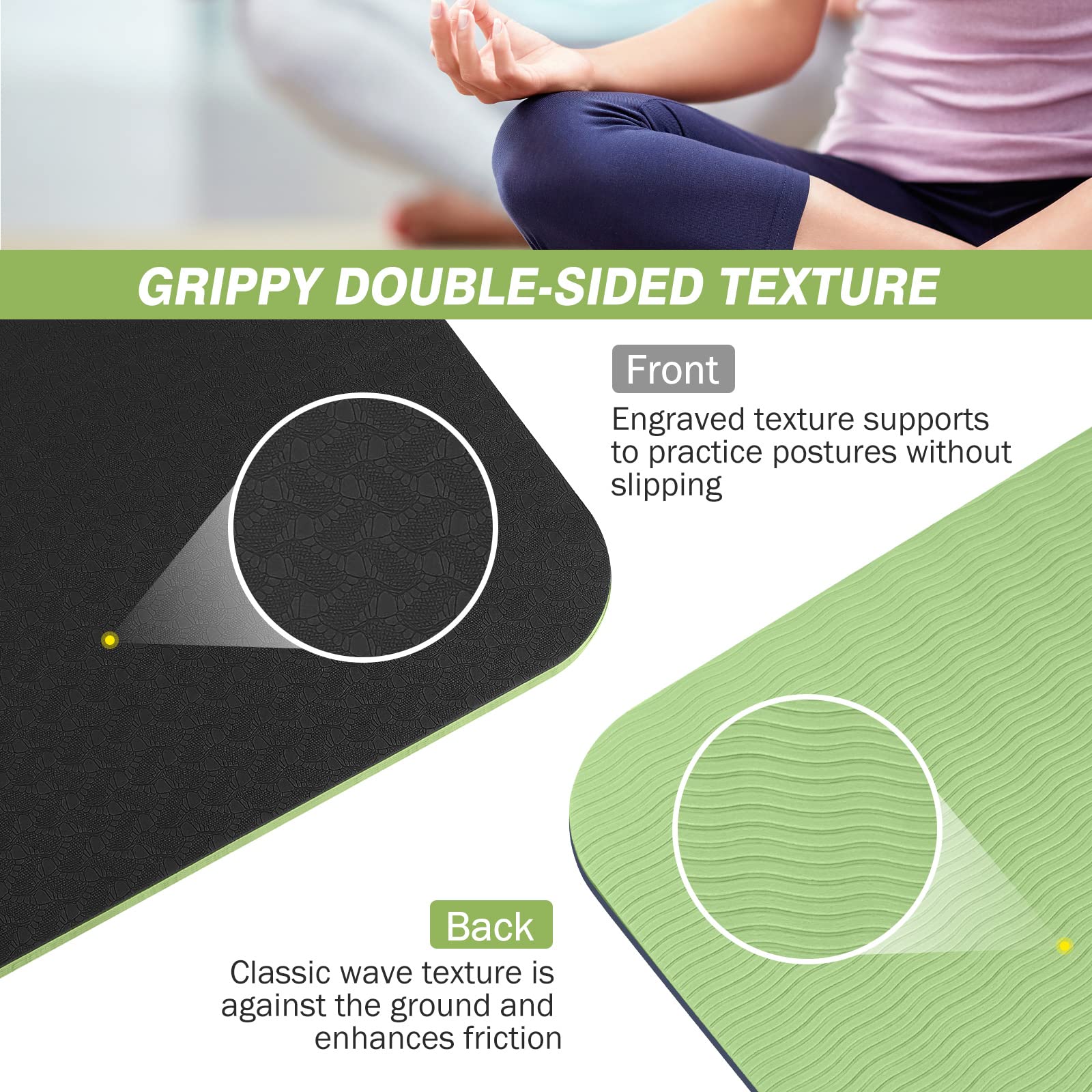 BOBO BANANA 1/4 Thick TPE Yoga Mat,72"x24" Eco-friendly Non-Slip Exercise & Fitness Mat for Men&Women with Carrying Strap, Home Workout Mat for Yoga,Pilates& Floor Exercise (green) - Image 3