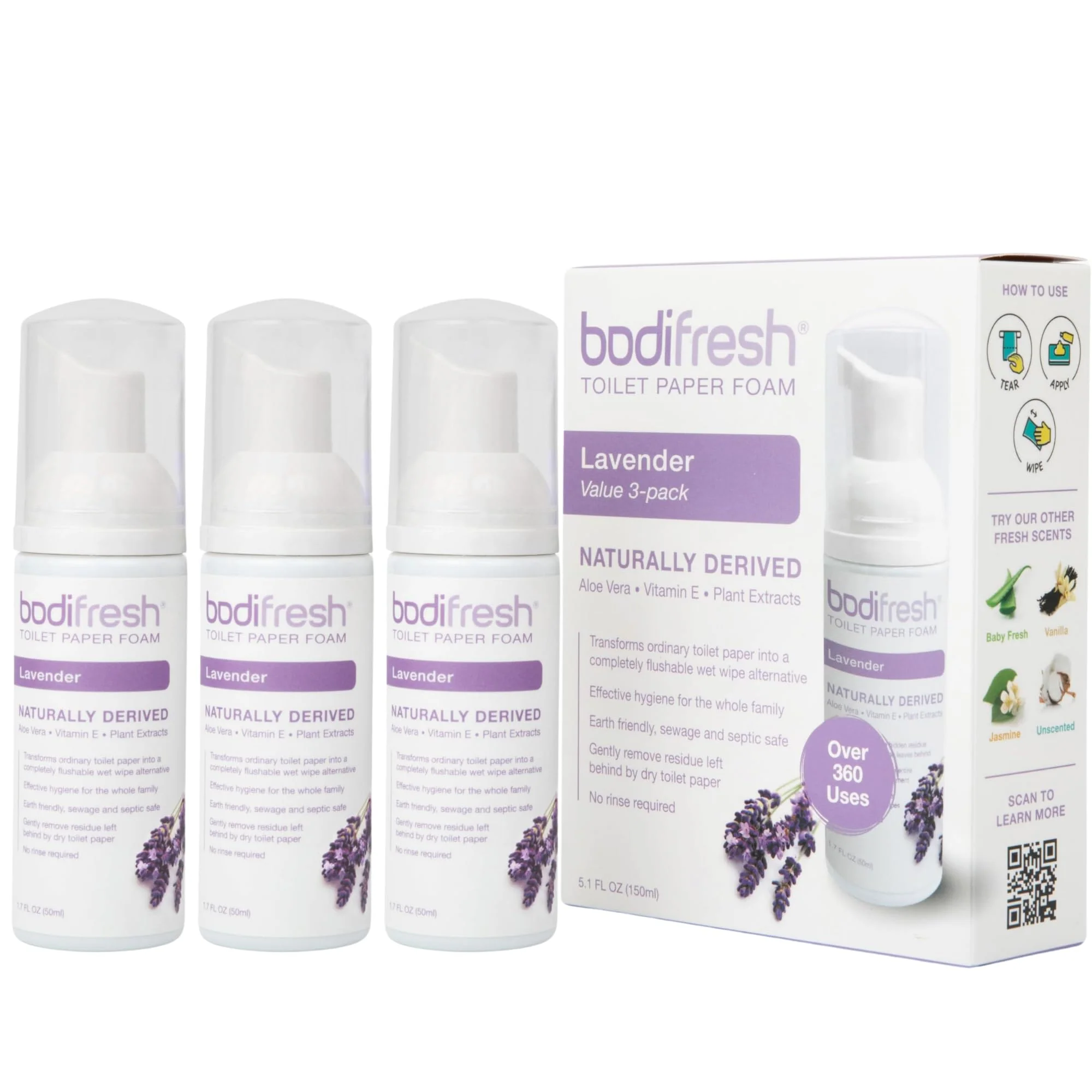 Bodifresh Toilet Paper Foam, Liquid Wet Wipe | Plant-Based, Eco Friendly Flushable Wet Wipe Alternative with Aloe & Vitamin E (1.7 Fl Oz (Pack of 3), Lavender) - Image 2
