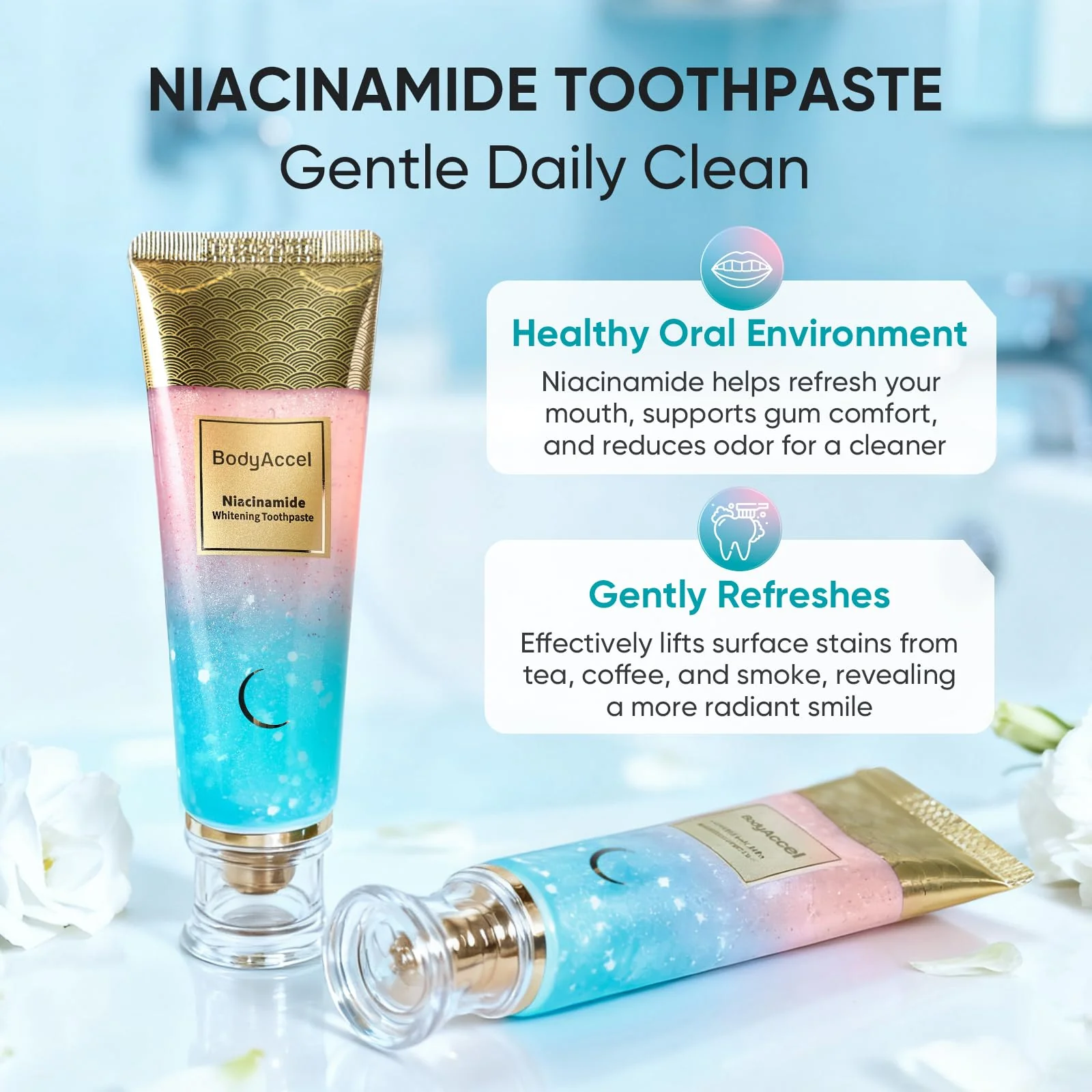 BodyAccel Niacinamide Whitening Toothpaste – Natural Whitening Toothpaste with Niacinamide, Gentle Formula for Brighter Teeth & Fresh Breath, 2-Pack (2) - Image 2