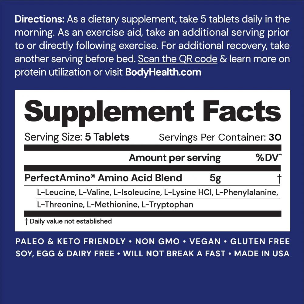 BodyHealth PerfectAmino Tablets (150ct Plus 30ct Travel Bottle), Essential Amino Acid with BCAAs + Lysine, Phenylalanine, Threonine, Methionine, Tryptophan, Supplement for Recovery & Strength - Image 2
