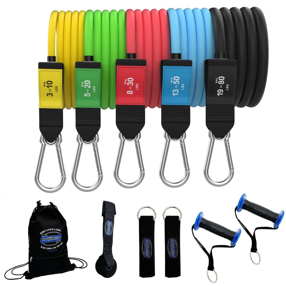 Bodylastics PRO Series Resistance Band Set - 5 Bands, Handles, Ankle Straps, Door Anchor, Carry Bag - Patented Clips and Snap Reduction Tech (3-190 Lbs Max Resistance) - Image 2