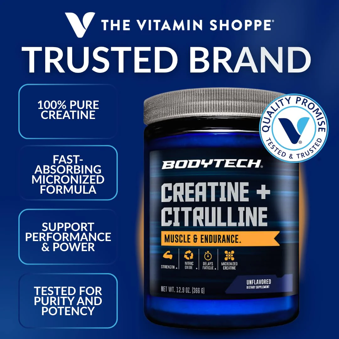 BodyTech Creatine + Citrulline Powder, Supports Strength, Pumps & Endurance, Pre Workout Supplement for Men & Women, Unflavored, 12.9 Oz, 30 Servings - Image 2