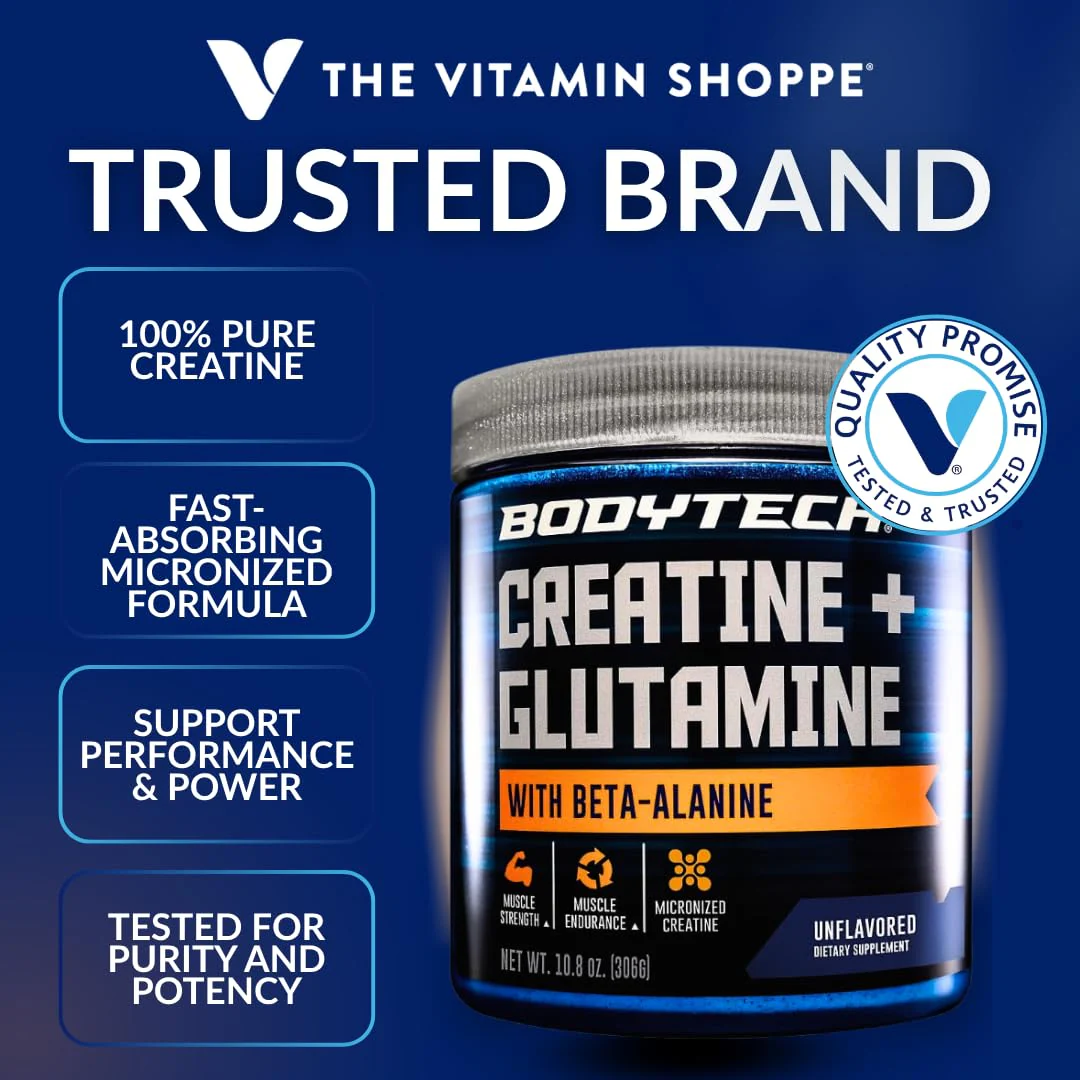 BodyTech Creatine + Glutamine with Beta Alanine Powder, Supports Training & Recovery, Pre Workout & Post Workout Supplement for Men & Women, Unflavored, Gluten Free, 10.8 Oz, 30 Servings - Image 2