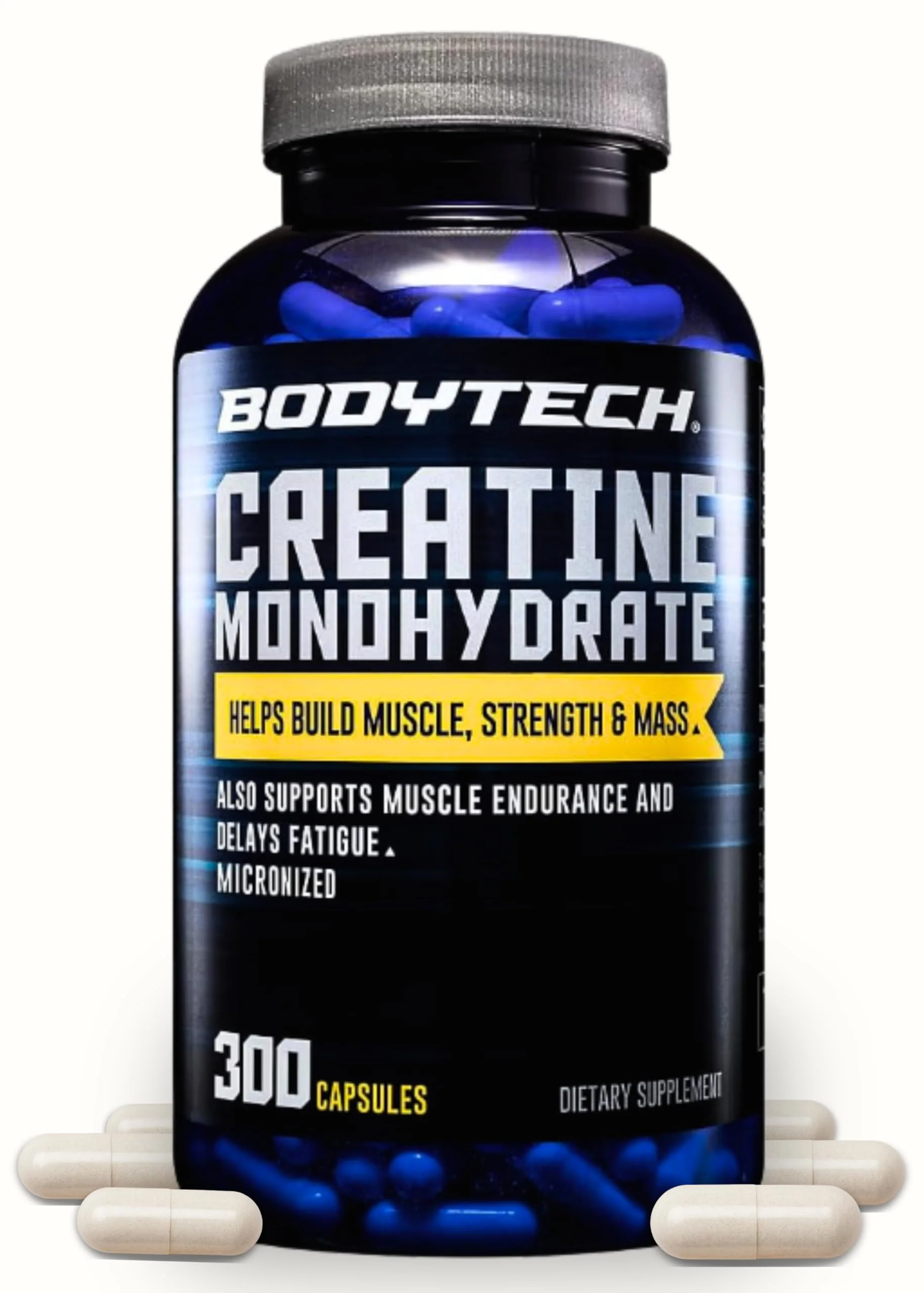 BodyTech Creatine Monohydrate Capsules, Micronized Creatine Formula for Men and Women, 2250 mg per Serving, Pre Workout & Post Workout Supplement, Gluten Free, Sugar Free, 300 Capsules Per Bottle