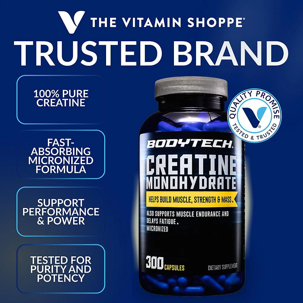 BodyTech Creatine Monohydrate Capsules, Micronized Creatine Formula for Men and Women, 2250 mg per Serving, Pre Workout & Post Workout Supplement, Gluten Free, Sugar Free, 300 Capsules Per Bottle - Image 2