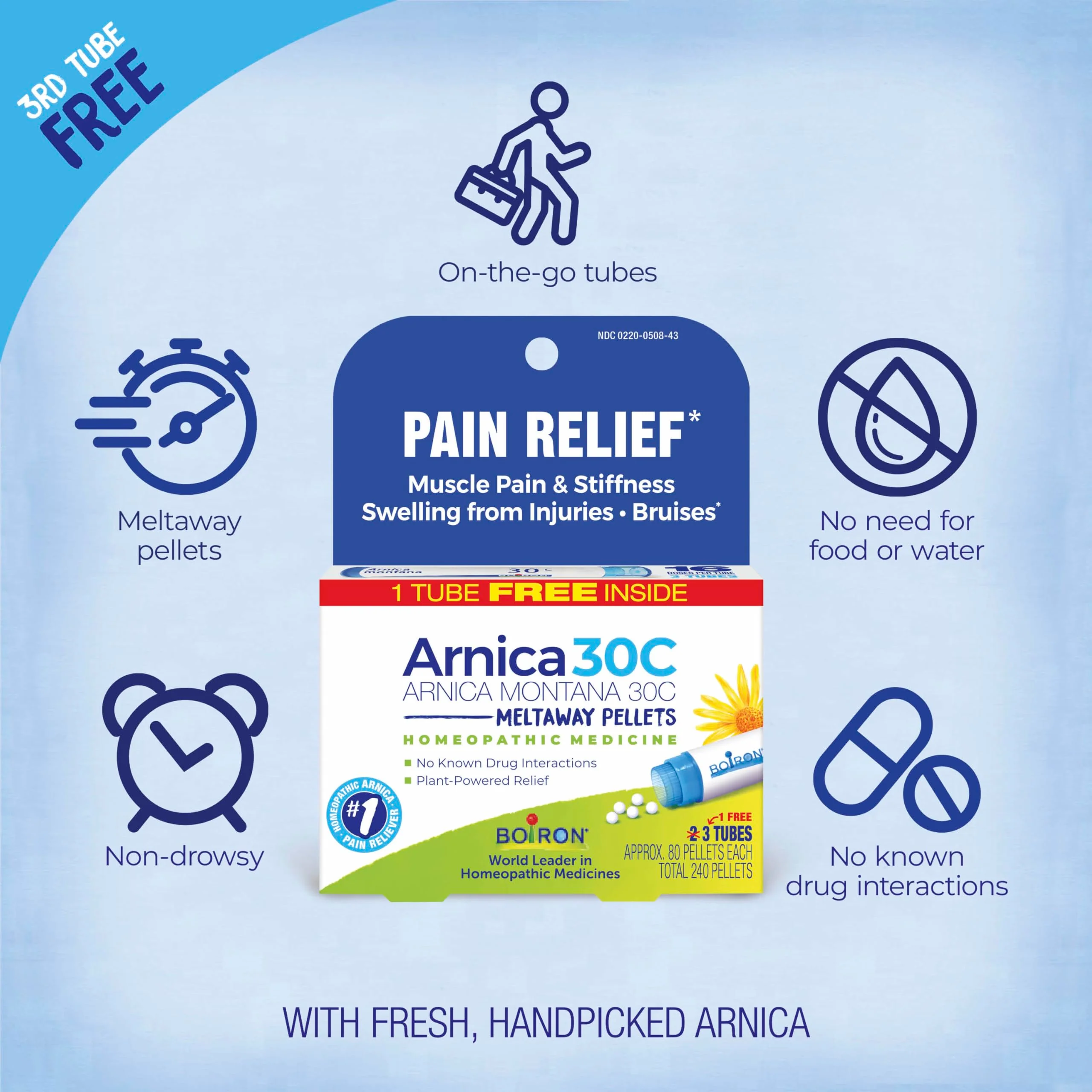 Boiron Arnica Montana 30C Homeopathic Medicine for Relief from Muscle Pain, Muscle Stiffness, Swelling from Injury, and Discoloration from Bruises - 3 Count (240 Pellets) - Image 3