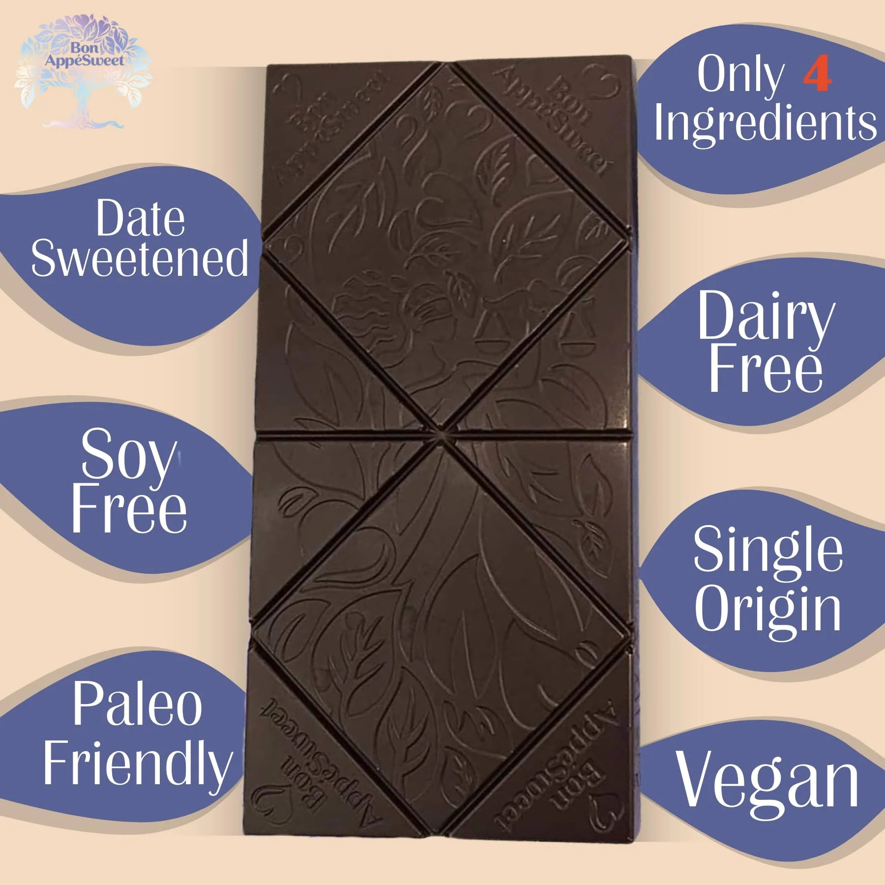 Bon Appesweet Date Sweetened Chocolate Bar - Better than Milk Chocolate | 2.2 Ounce (Pack of 5) | Organic, Zero Added Sugar, 54% Cacao, Plant Based, Dairy Free, and Guilt Free! - Image 4