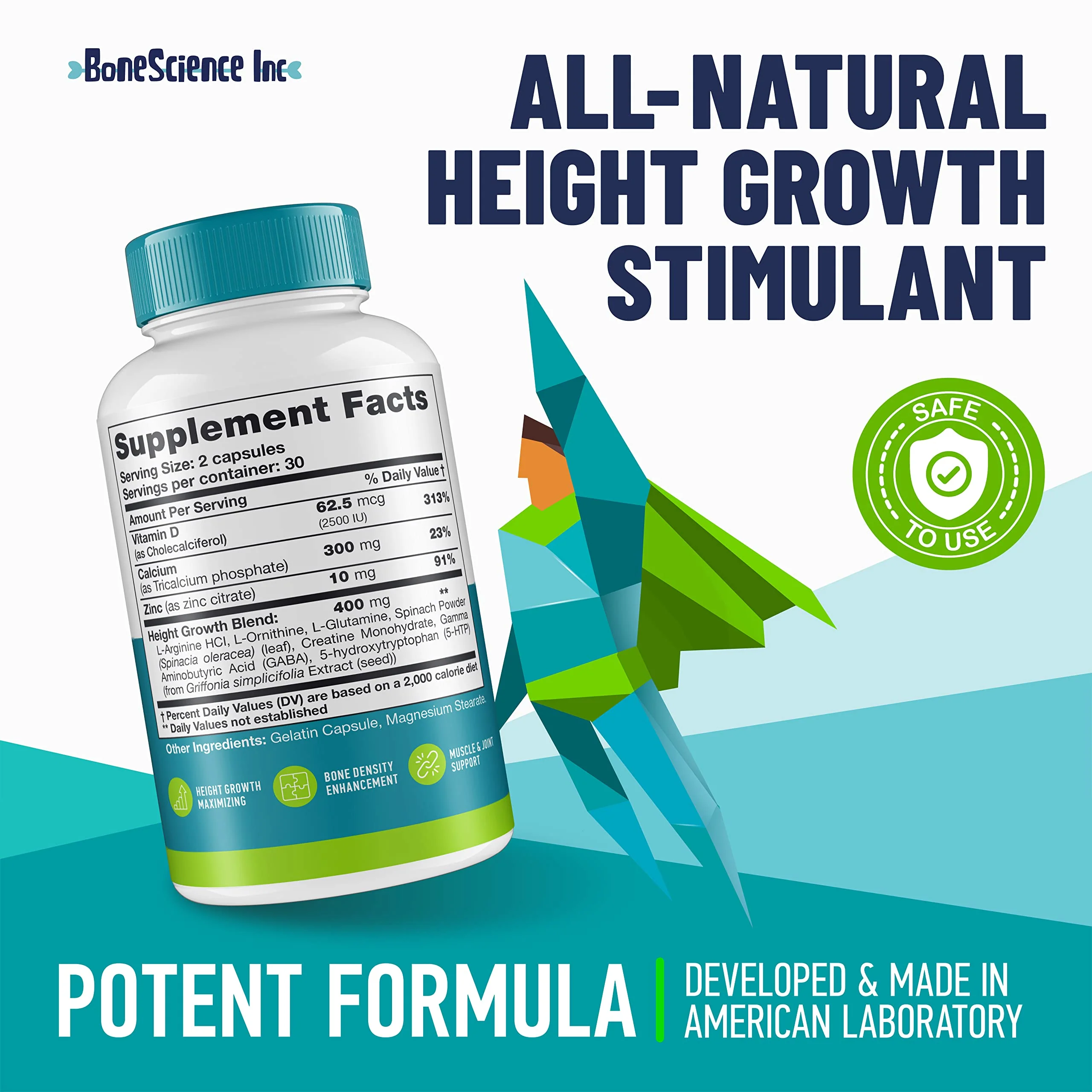 BoneScience Inc Height Growth Maximizer - Growth Optimization Supplement for Teens & Young Adults – Bone & Development Support with Calcium, Vitamin D3, Zinc & Amino Acids – 2 Pack (60 Count Each) - Image 2