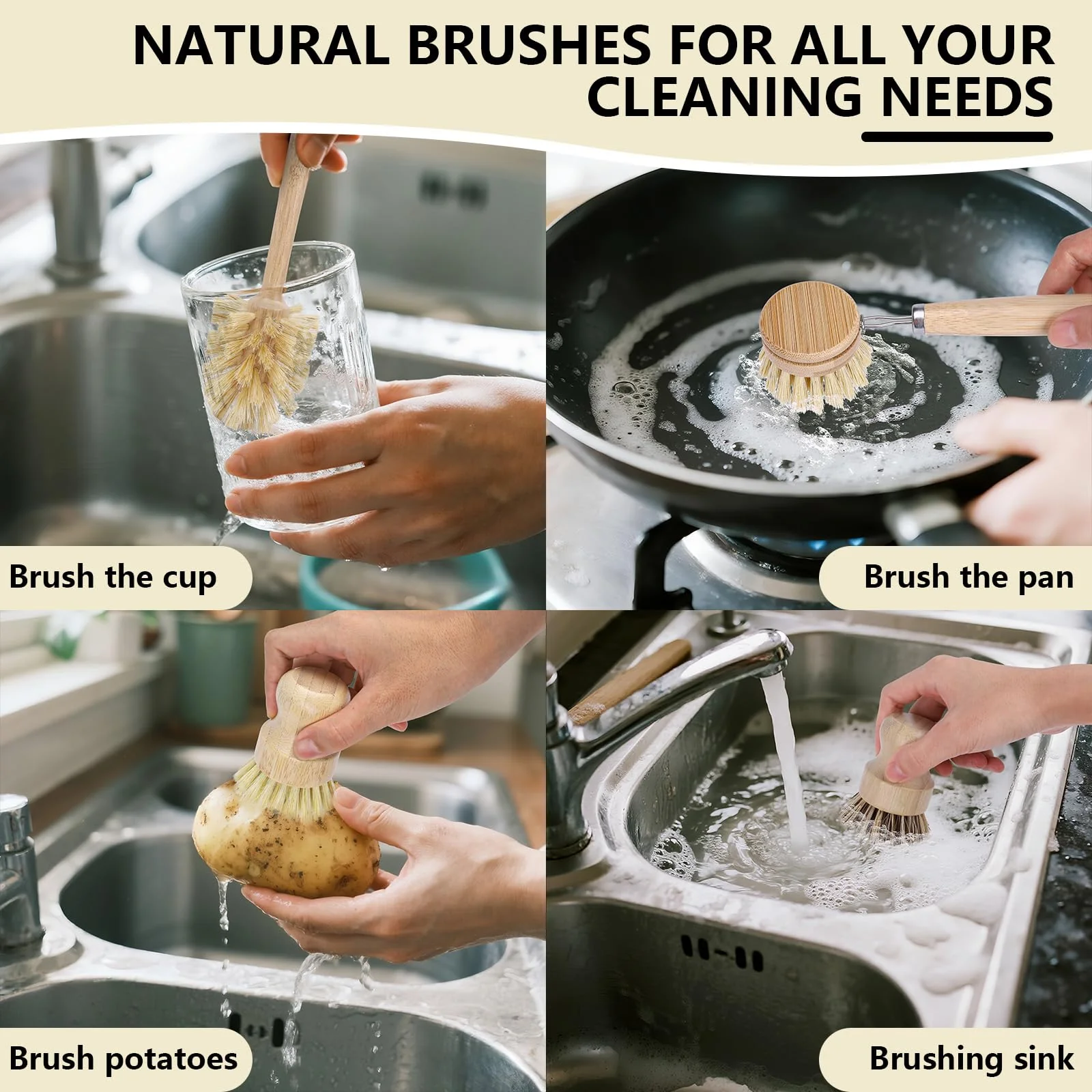 BONUMVITA 5 Pack Bamboo Dish Brush Set, Wooden Dish Brush with 14’’ Bottle Brush, Natural Kitchen Scrub Brush for Dishes Pots, Pans, Sinks, Woks, Vegetables - Image 3