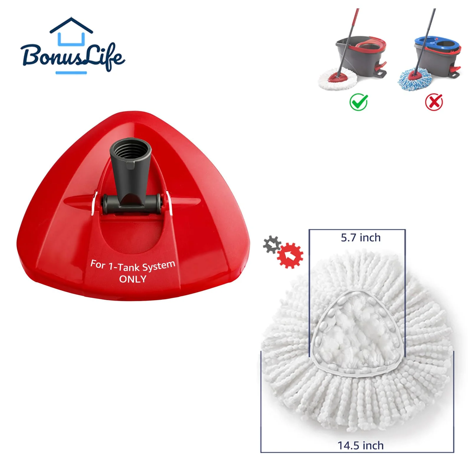 BonusLife Replacement Part Set for Oceda EasyWring Spin Mop 1-Tank System Only, 1 Handle, 1 Base, 4 Refills - Image 3
