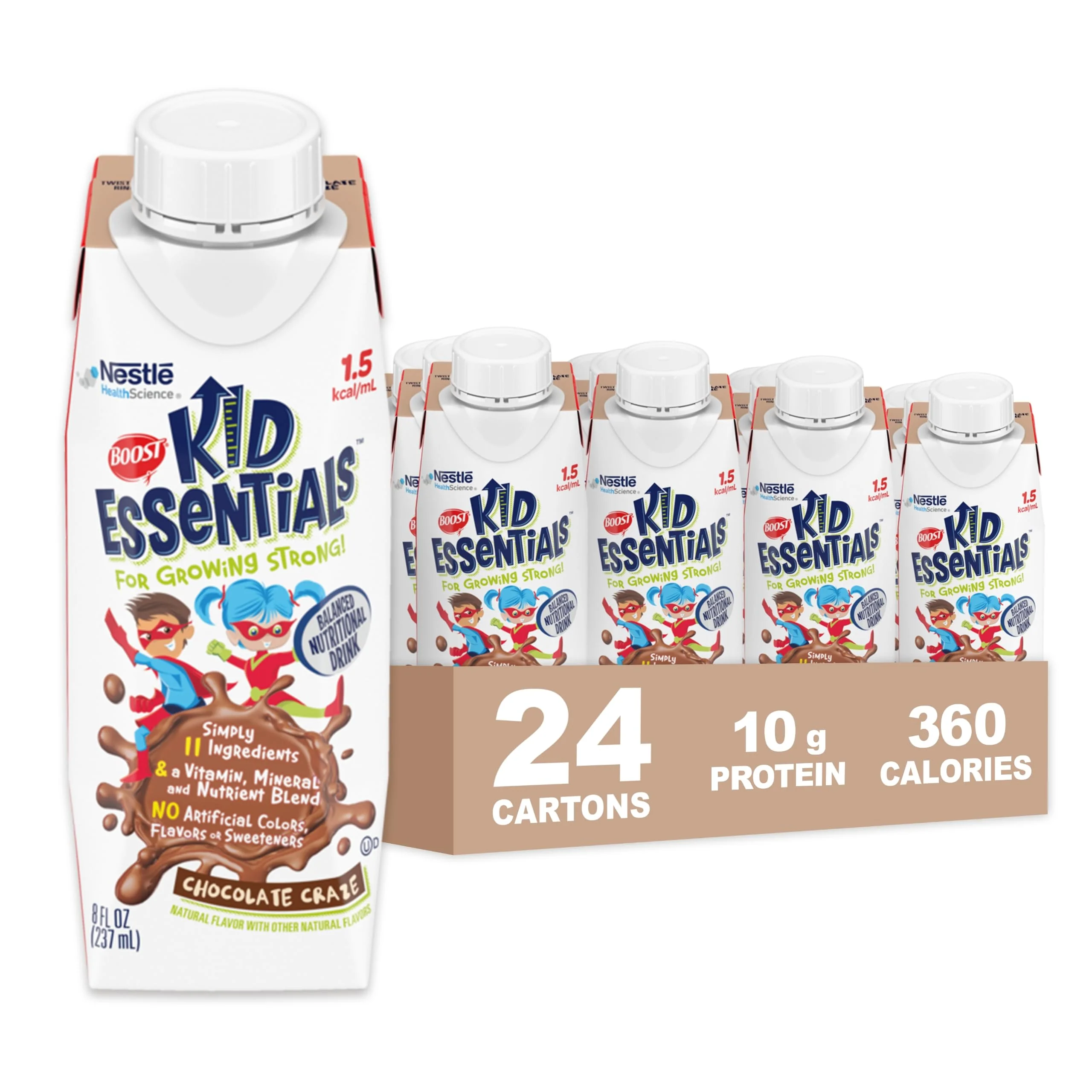 BOOST KID ESSENTIALS (1.5 kcal/mL) Chocolate Craze Nutritional Drink, 10g Protein, Vitamin C, D , B12, and Zinc, 8 Fl Oz (Pack of 24)
