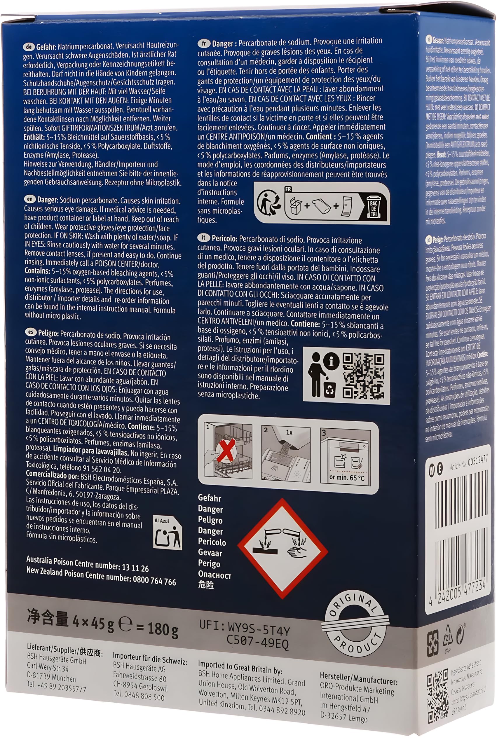 Bosch 312477 Dishwasher Cleaner – 1 Pack of 4 Bags (Total: 6.4 oz / 180g, Each 1.6 oz / 45g) – Removes Limescale & Grease | Improves Performance & Extends Appliance Life - Image 2