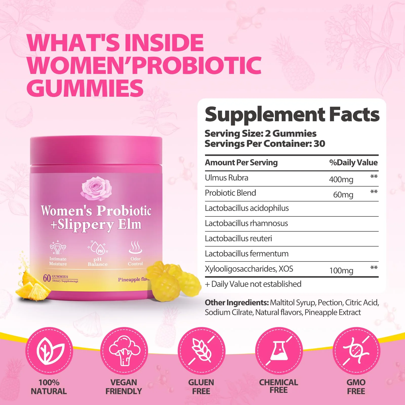 BOSNETHUINH Her Juicy Feminine Probiotics Gummies with Slippery Elm Supports pH Balance Gut Health & Immune System Promote Vaginal Health for Women 40 Pineapple Gummies - Image 5