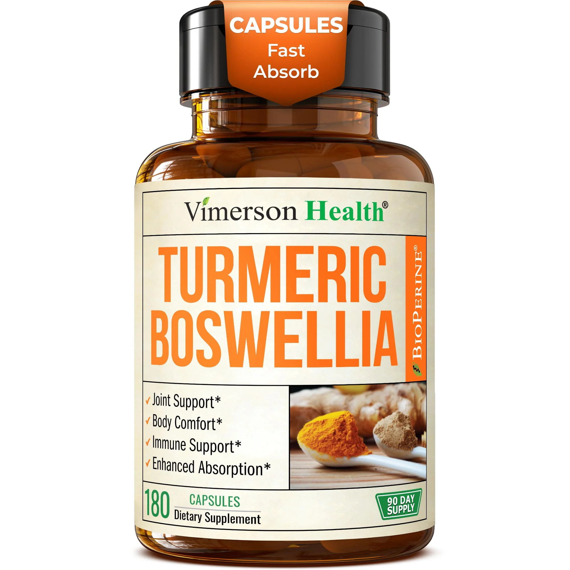 Boswellia Serrata Turmeric Supplement for Joint Support & Inflammation Balance – Turmeric Boswellia Supplement with Ginger & Black Pepper Extract for Enhanced Absorption – Non-GMO - 180 Capsules