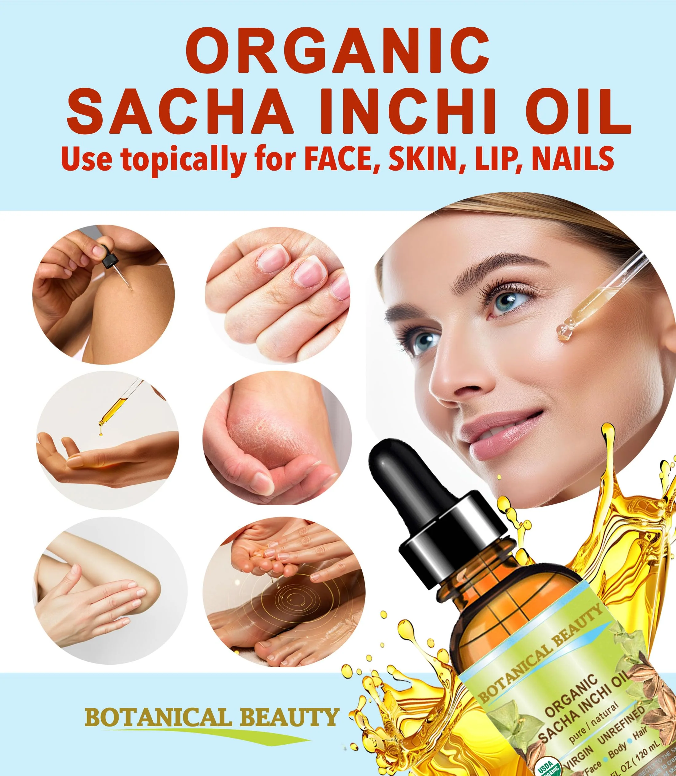 Botanical Beauty Organic SACHA INCHI OIL 100% Natural Pure Undiluted Virgin Unrefined Cold Pressed Carrier Certified Organic Oil For Face, Skin, Hair, Lip, Nails, Rich in Vitamin E (1 Fl Oz 30 ml) - Image 4