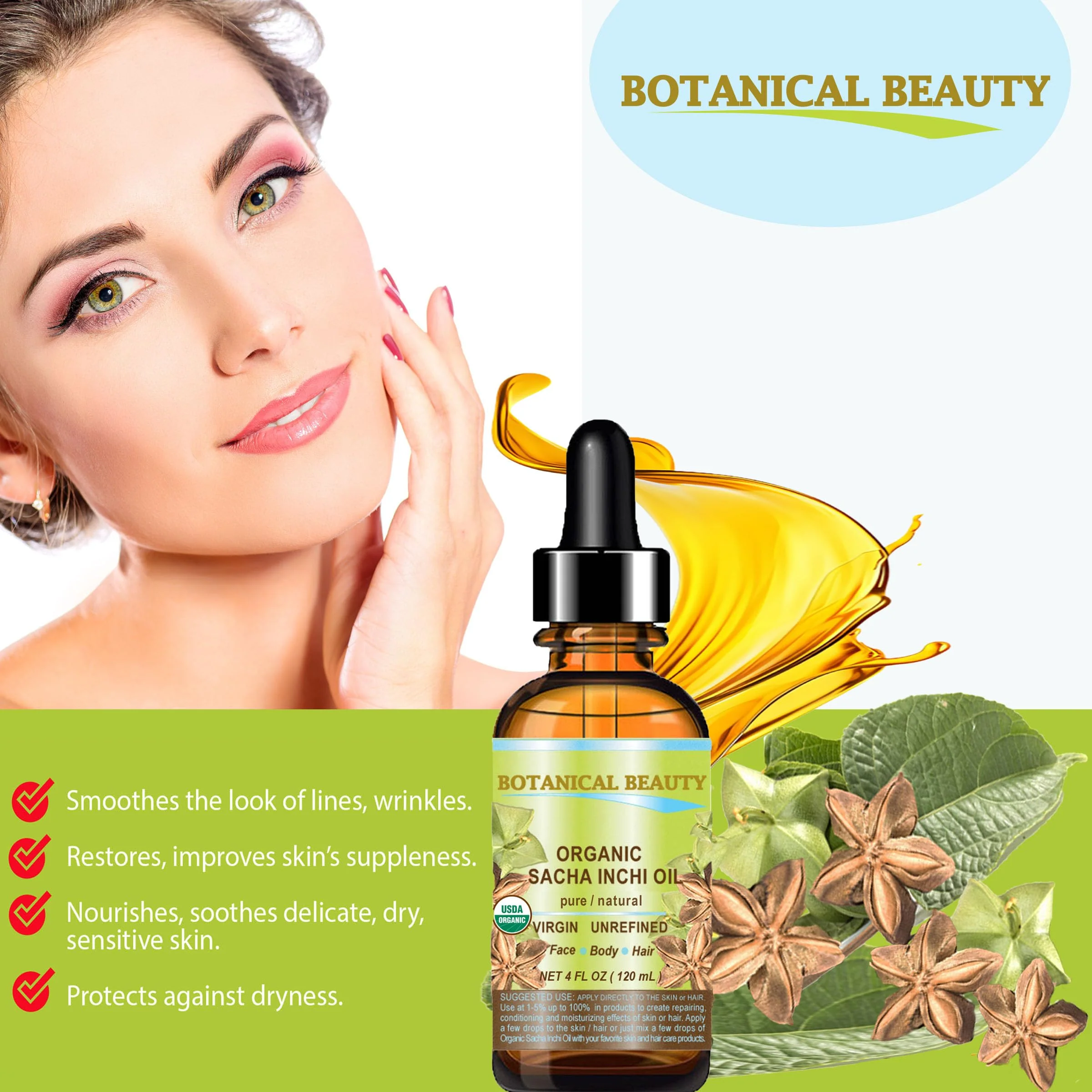 Botanical Beauty Organic SACHA INCHI OIL 100% Natural Pure Undiluted Virgin Unrefined Cold Pressed Carrier Certified Organic Oil For Face, Skin, Hair, Lip, Nails, Rich in Vitamin E (1 Fl Oz 30 ml) - Image 6