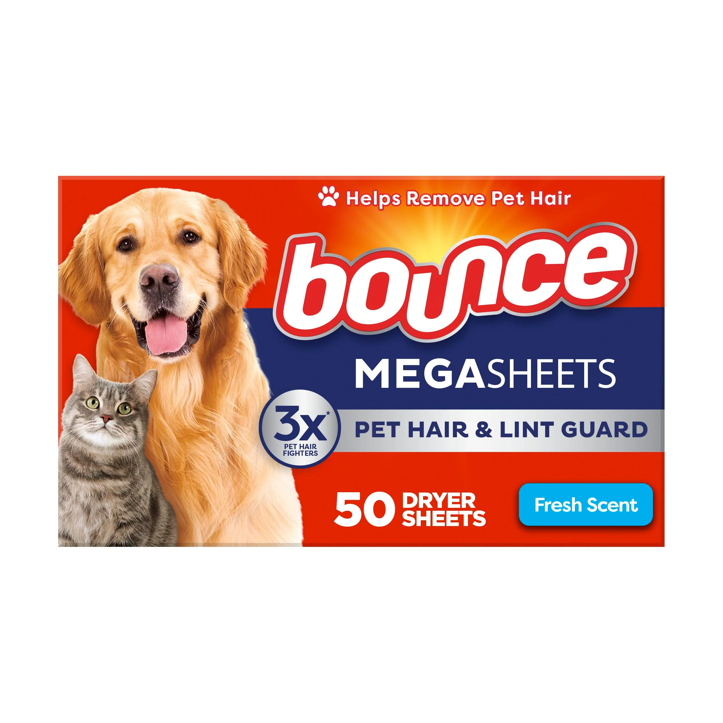 Bounce Dryer Sheets, Pet Hair and Lint Guard | Fresh Scent | Mega Size | 50 Count, Pack of 6