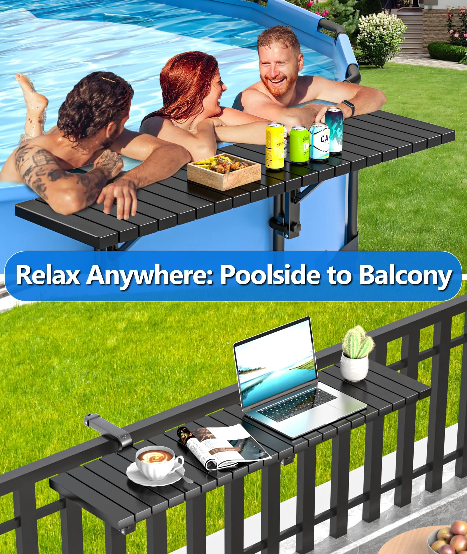 BoYata Pool Bar, Above Ground Pool Side Bar, 49.4×9.6" Galvanized Iron Poolside Table Holds 110LBS, Swim Up Bars Fit Top Rails 4.48" or Less, Frame Above Ground Round & Oval Swimming Pools Accessories - Image 2