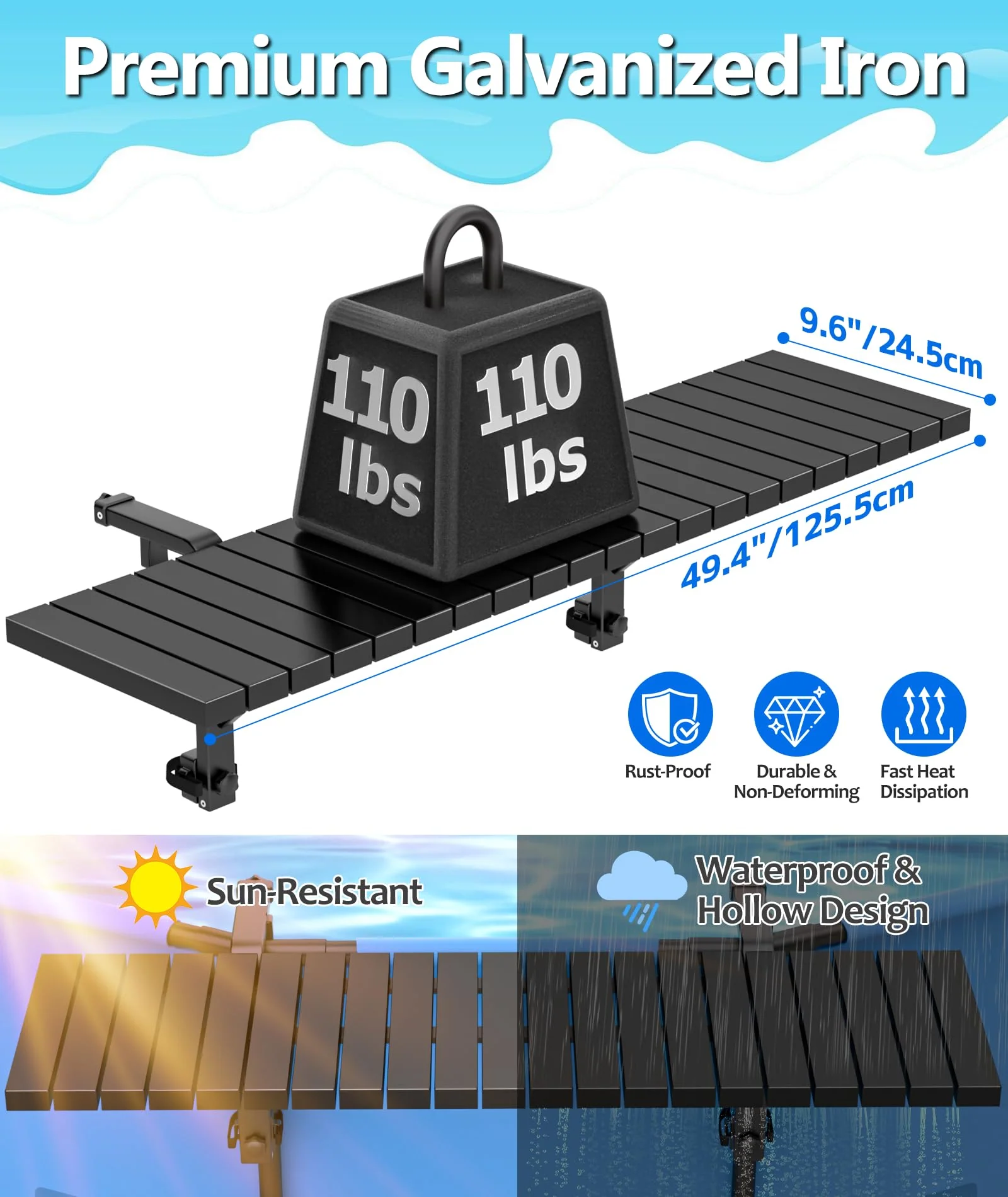 BoYata Pool Bar, Above Ground Pool Side Bar, 49.4×9.6" Galvanized Iron Poolside Table Holds 110LBS, Swim Up Bars Fit Top Rails 4.48" or Less, Frame Above Ground Round & Oval Swimming Pools Accessories - Image 5