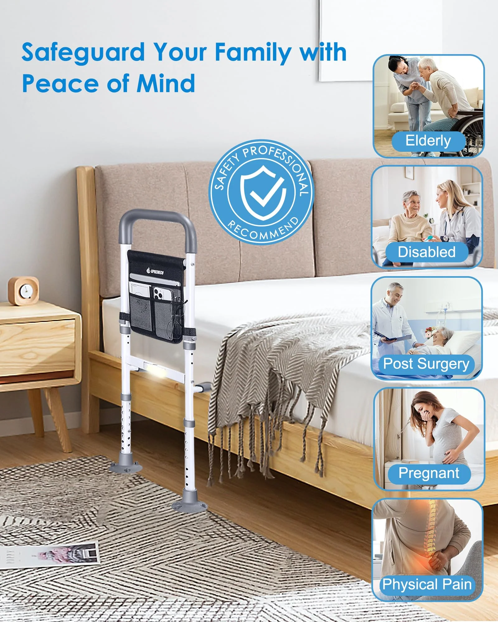 BPREINECO Bed Rails for Elderly Adults Safety, Reinforced Bed Handle Bedside Assist with Motion Sensor Light & Storage Pocket, Adjustable Bedrail Grab Bar Handrails, Stable Bed Can for Seniors, Gray - Image 6