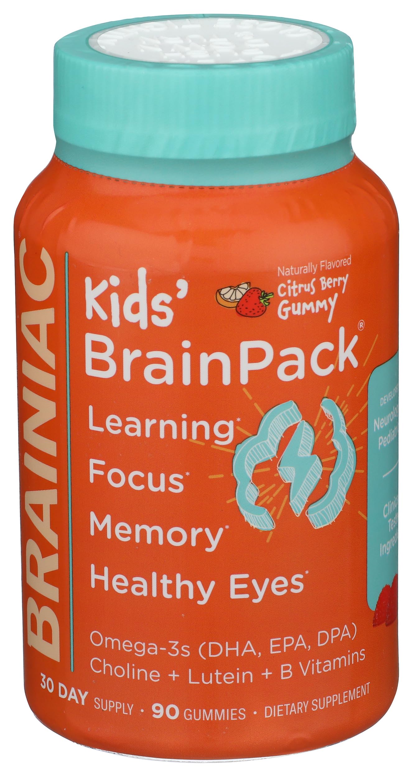 Brainiac Kids Daily BrainPack Gummies, Supports Brain Health with Omega 3 DHA EPA DPA, Choline, B6 & B12 and Lutein for Eye Health with Immune Support, Citrus Berry Flavor, 90 ct - Image 5