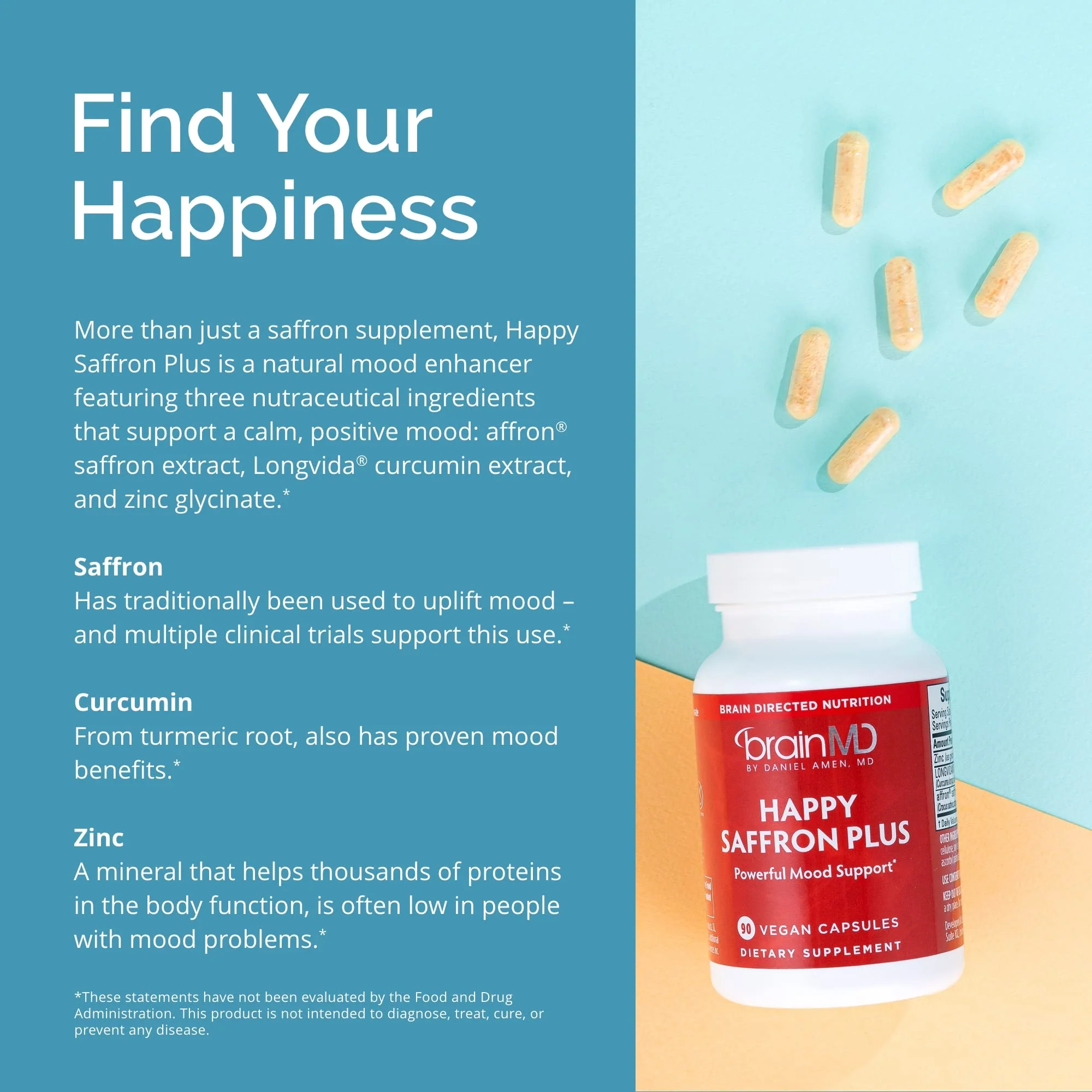 BRAINMD Dr Amen Happy Saffron Plus - 90 Capsules - with Saffron Flower Extract, Curcumin & Zinc - Vegan, Gluten Free - 30 Servings - Image 2