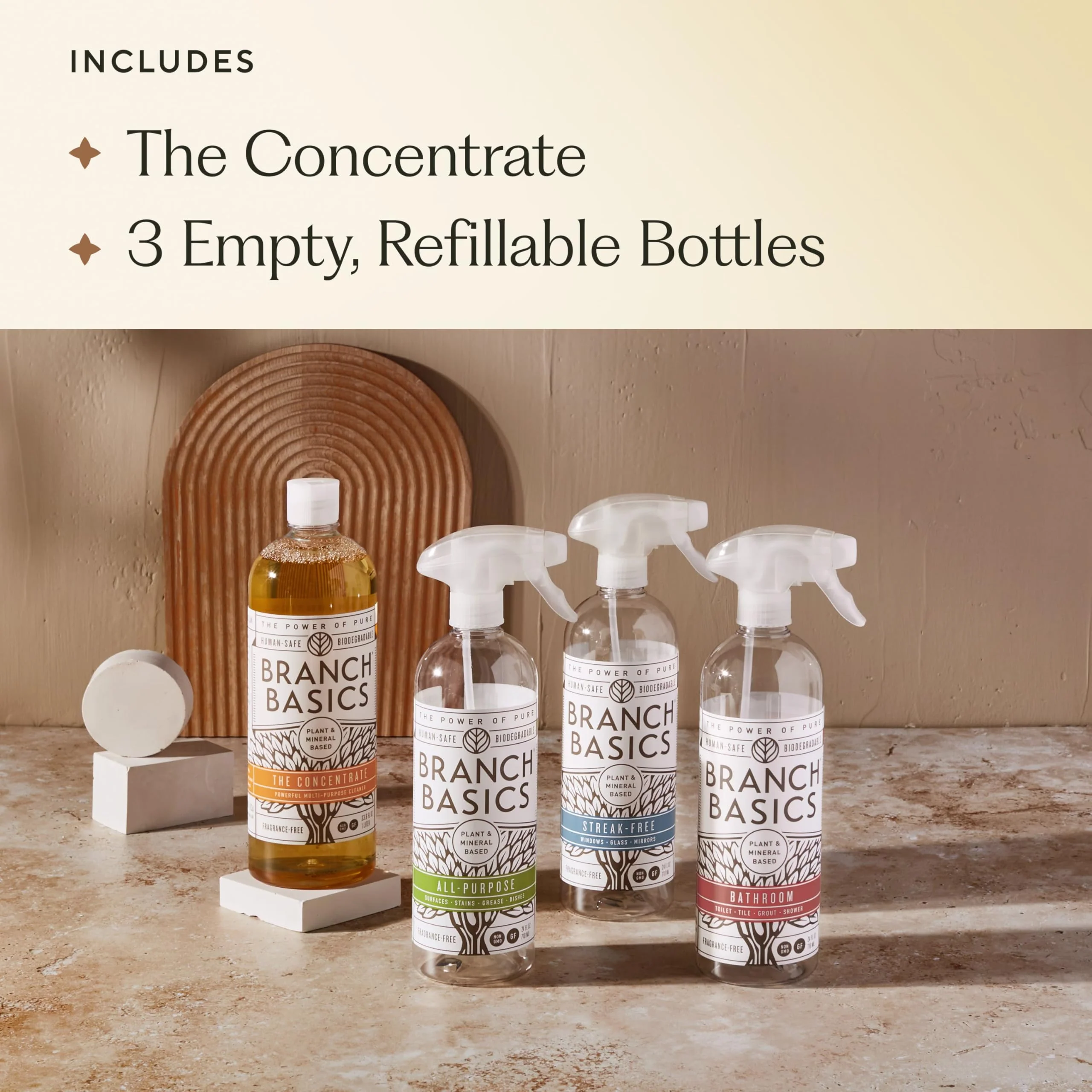 Branch Basics Cleaning Essentials Kit: All Purpose, Glass and Bathroom Cleaner - Concentrate (33.8 Oz) (17 Refills) + Refillable Plastic Spray Bottles (24 Oz) Plant Based, Human-Safe, & Fragrance Free - Image 8