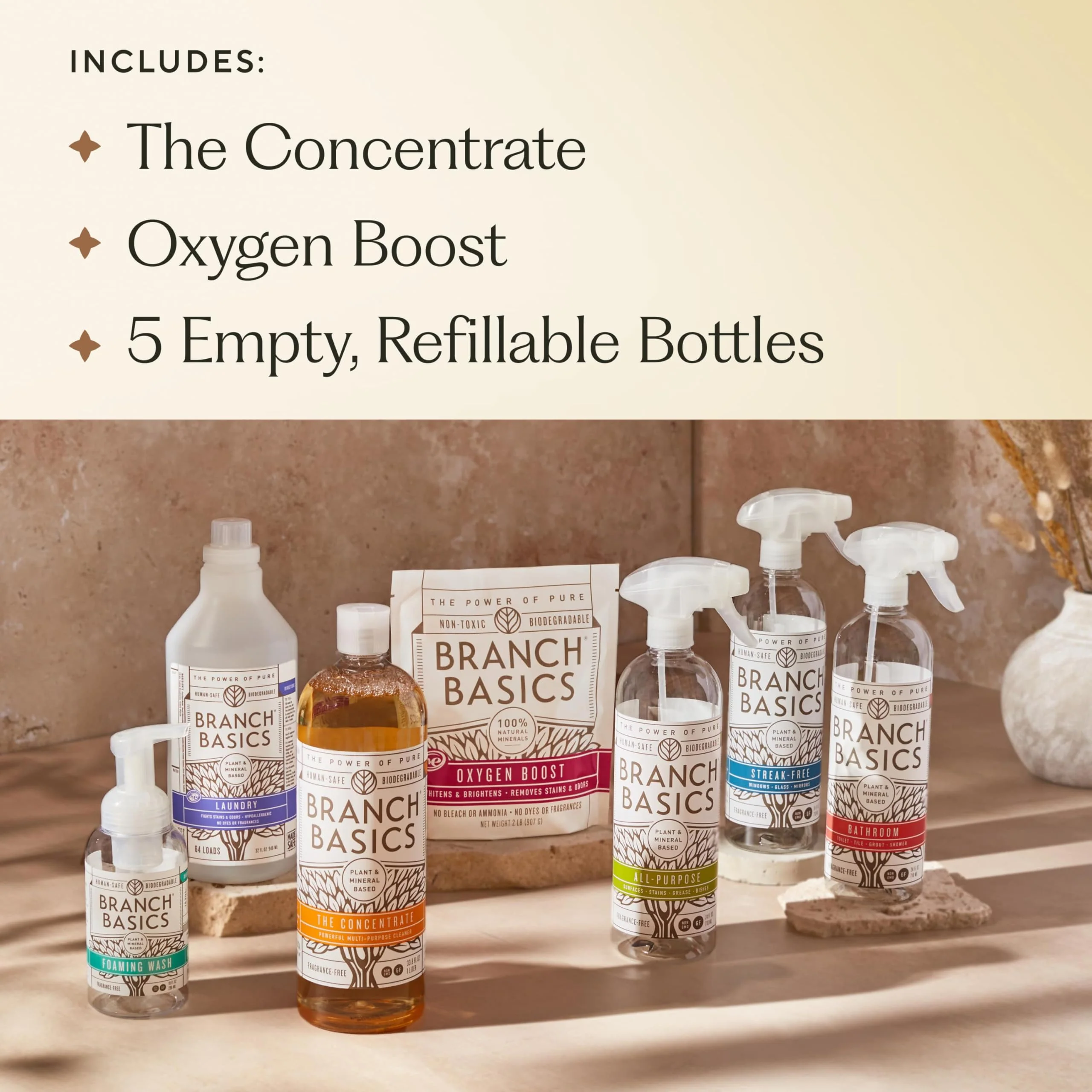 Branch Basics Premium Starter Kit: All Purpose Cleaner, Glass, and Bathroom Cleaner plus our Foaming Wash, and Laundry Bottle (3 Plastic Spray Bottles + Concentrate) Fragrance-Free - Image 8