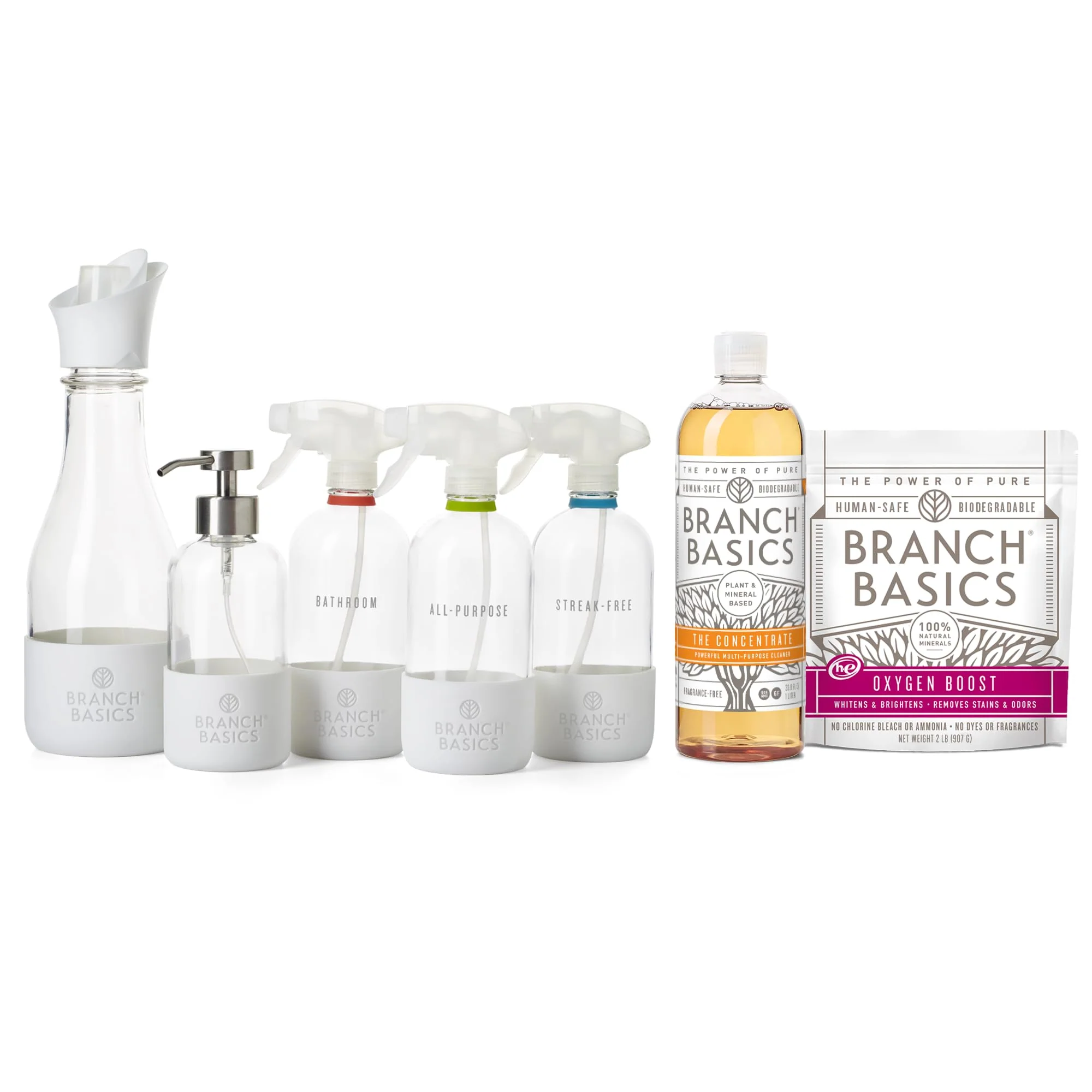 Branch Basics Premium Starter Kit in Glass: All Purpose Cleaner, Glass Cleaner, Bathroom Cleaner, Wash Bottle, and Laundry Bottle (3 Glass Spray Bottles + Concentrate) Fragrance-Free